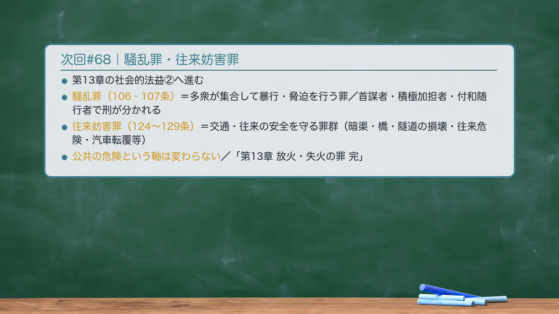 次回#68|騒乱罪(106・107条)・往来妨害罪(124〜129条)。第13章の社会的法益②へ進みます。騒乱罪(106条)=多衆が集合して暴行・脅迫を行う罪。首謀者・積極加担者・付和随行者で刑が分かれる。往来妨害罪(124〜129条)=交通・往来の安全を守る罪群。暗渠・橋・隧道の損壊・往来危険・汽車転覆等。公共の危険という軸は変わりません。🔴「第13章 放火・失火の罪 完」