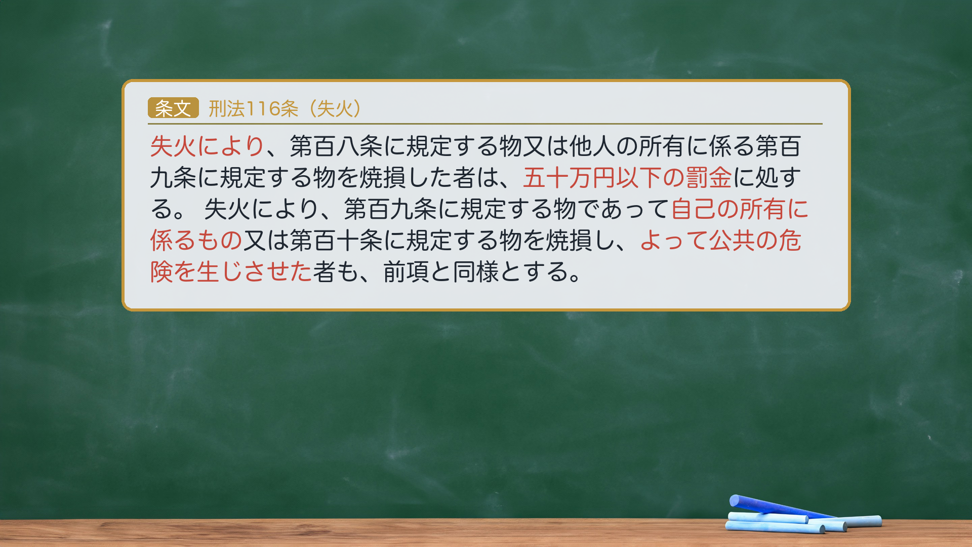 🔴約束③ 条文全文|刑法116条(失火)。1項「失火により、第百八条に規定する物又は他人の所有に係る第百九条に規定する物を焼損した者は、五十万円以下の罰金に処する。」2項「失火により、第百九条に規定する物であって自己の所有に係るもの又は第百十条に規定する物を焼損し、よって公共の危険を生じさせた者も、前項と同様とする。」🔴e-Gov現行XML(140AC0000000045 rev20260521)と一字一致。🔴呉OCR破損(L7510-7511客体二重化)を排除した復元正文。ハイライト=「失火により」「五十万円以下の罰金」「公共の危険を生じさせた」。