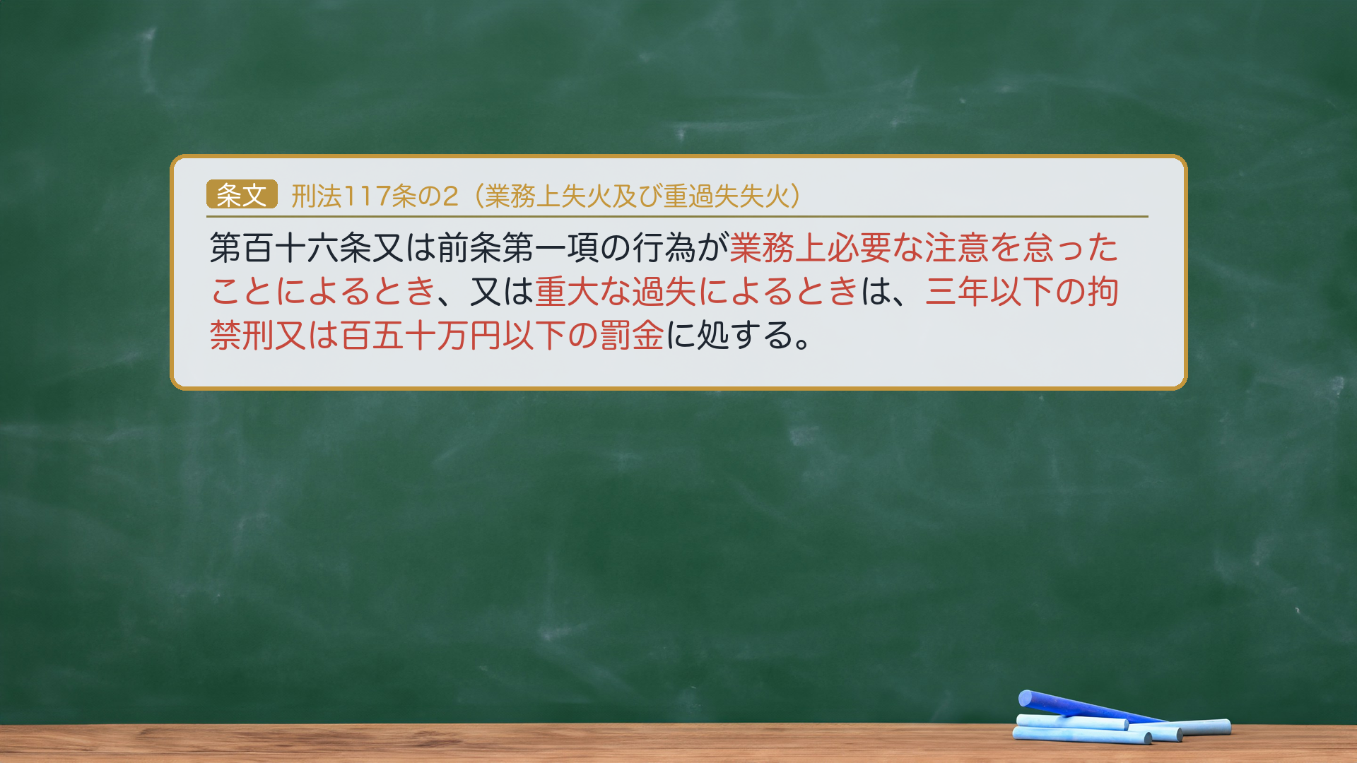 🔴約束③ 条文全文|刑法117条の2(業務上失火及び重過失失火)。「第百十六条又は前条第一項の行為が業務上必要な注意を怠ったことによるとき、又は重大な過失によるときは、三年以下の拘禁刑又は百五十万円以下の罰金に処する。」🔴e-Gov現行XML(140AC0000000045 rev20260521)と一字一致。🔴呉「禁錮」は旧文→現行は「拘禁刑」。ハイライト=「業務上必要な注意を怠ったことによるとき」「重大な過失によるとき」「三年以下の拘禁刑又は百五十万円以下の罰金」。
