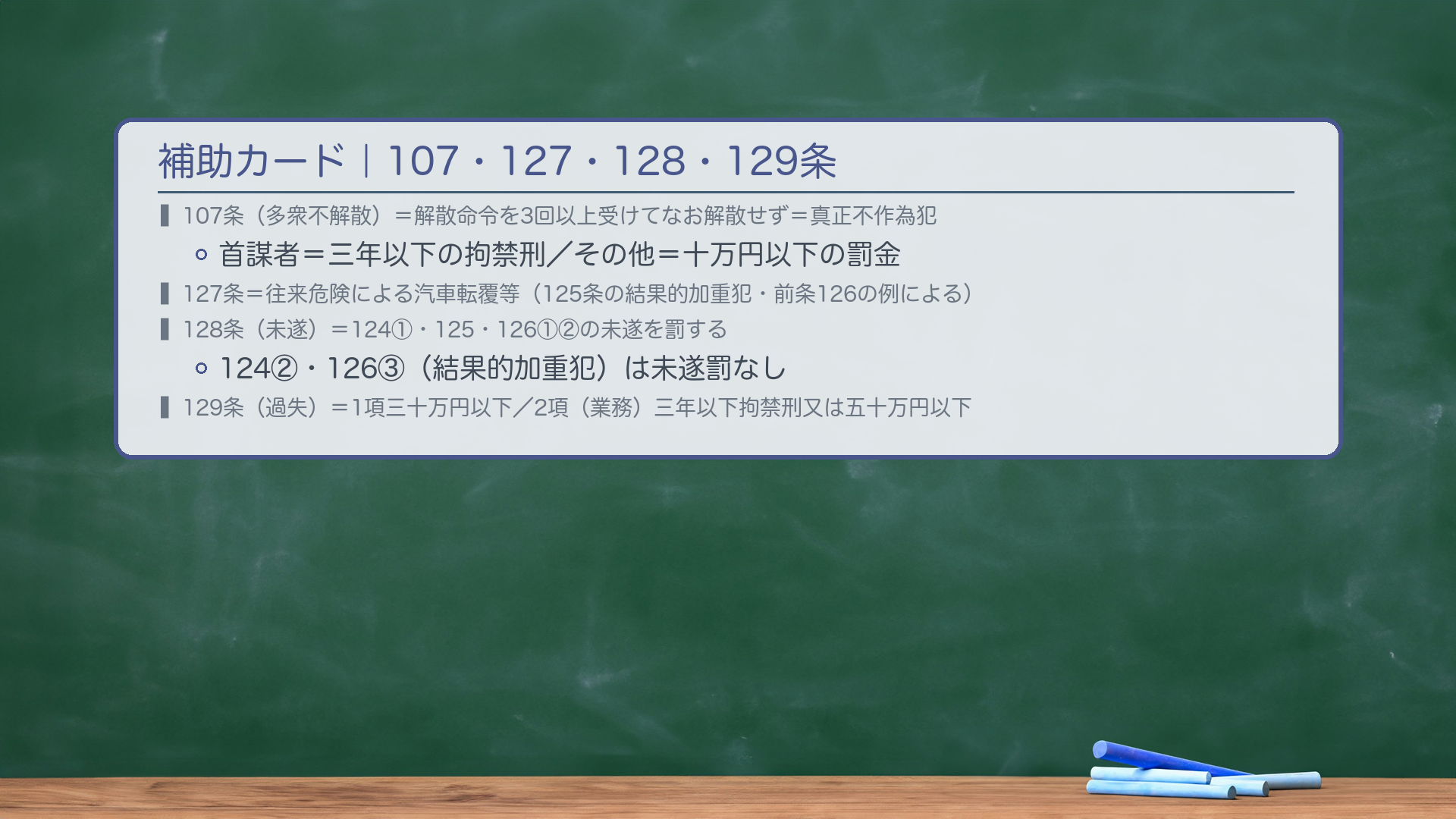補助カード|107条・127条・128条・129条(一行趣旨集約)。107条(多衆不解散):暴行・脅迫の目的で多衆が集合→権限のある公務員から解散の命令を3回以上受けたのになお解散しなかったとき成立。真正不作為犯(騒乱の予備段階を処罰)。首謀者=三年以下の拘禁刑/その他=十万円以下の罰金。✦127条(往来危険による汽車転覆等):125条の結果的加重犯。前条(126条)の例による。128条(未遂):124条1項・125条・126条1項および2項の未遂を罰する(124②・126③は未遂罰なし)。129条(過失):1項=三十万円以下の罰金。2項(業務従事者)=三年以下の拘禁刑又は五十万円以下の罰金。