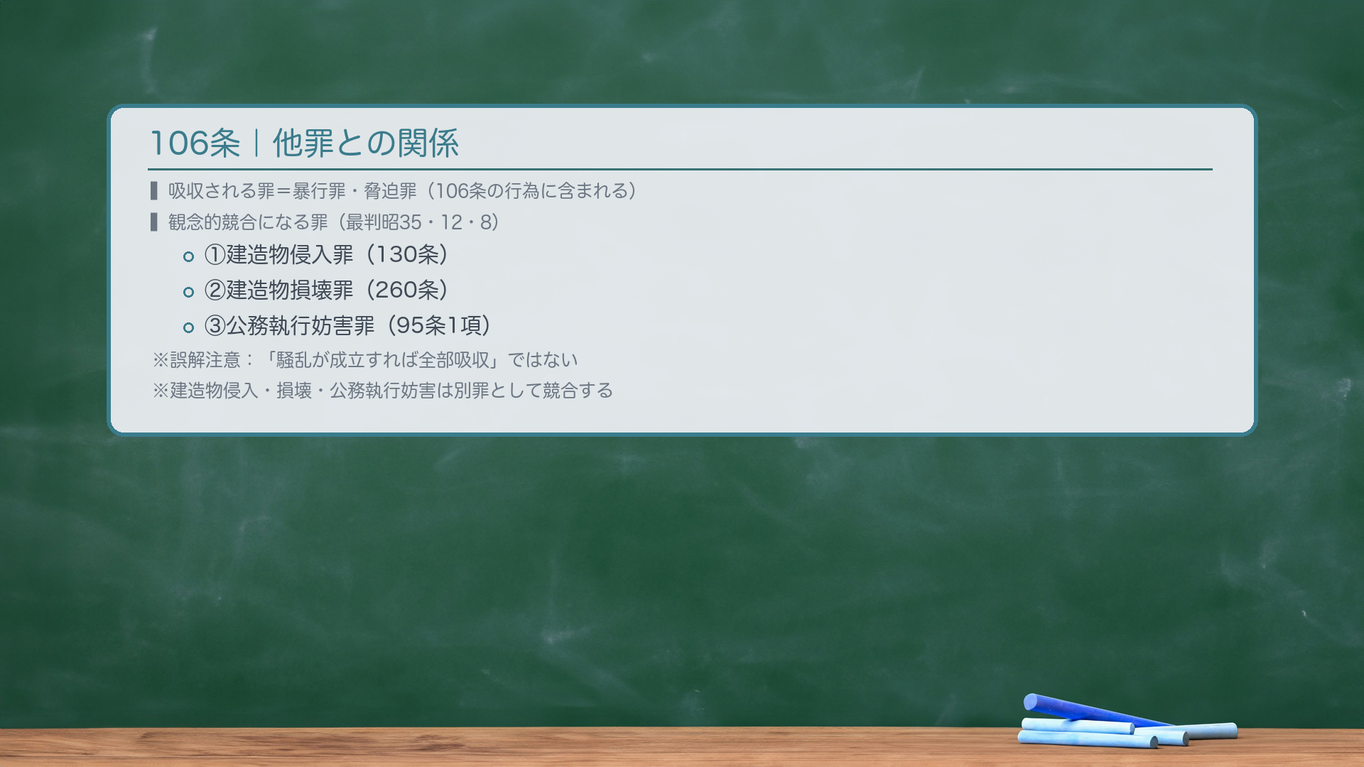106条|他罪との関係。吸収される罪:暴行罪・脅迫罪は騒乱罪に吸収(106条の行為に含まれるため別罪不成立)。観念的競合になる罪:①建造物侵入罪(130条)②建造物損壊罪(260条)③公務執行妨害罪(95条1項)→いずれも騒乱の行為と1個の行為として「観念的競合」(最判昭35・12・8)。★「騒乱罪が成立すれば他罪は全部吸収」という誤解に注意——建造物侵入・損壊・公務執行妨害は別罪として競合する。