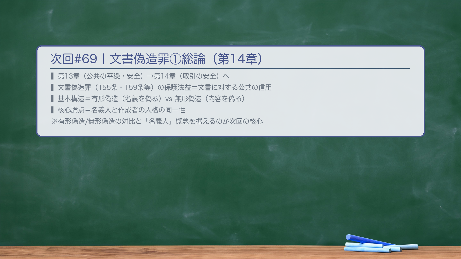 次回#69|文書偽造罪①総論(第14章 偽造の罪)。第13章(公共の平穏・安全)から第14章(取引の安全)へ。文書偽造罪(155条・159条等)の保護法益=文書に対する公共の信用。基本構造=有形偽造(名義を偽る)vs 無形偽造(内容を偽る)。核心論点=名義人と作成者の人格の同一性——「有形偽造」の定義の核心。次回は偽造罪の総論として、この保護法益・有形偽造/無形偽造の対比・名義人概念を据えます。