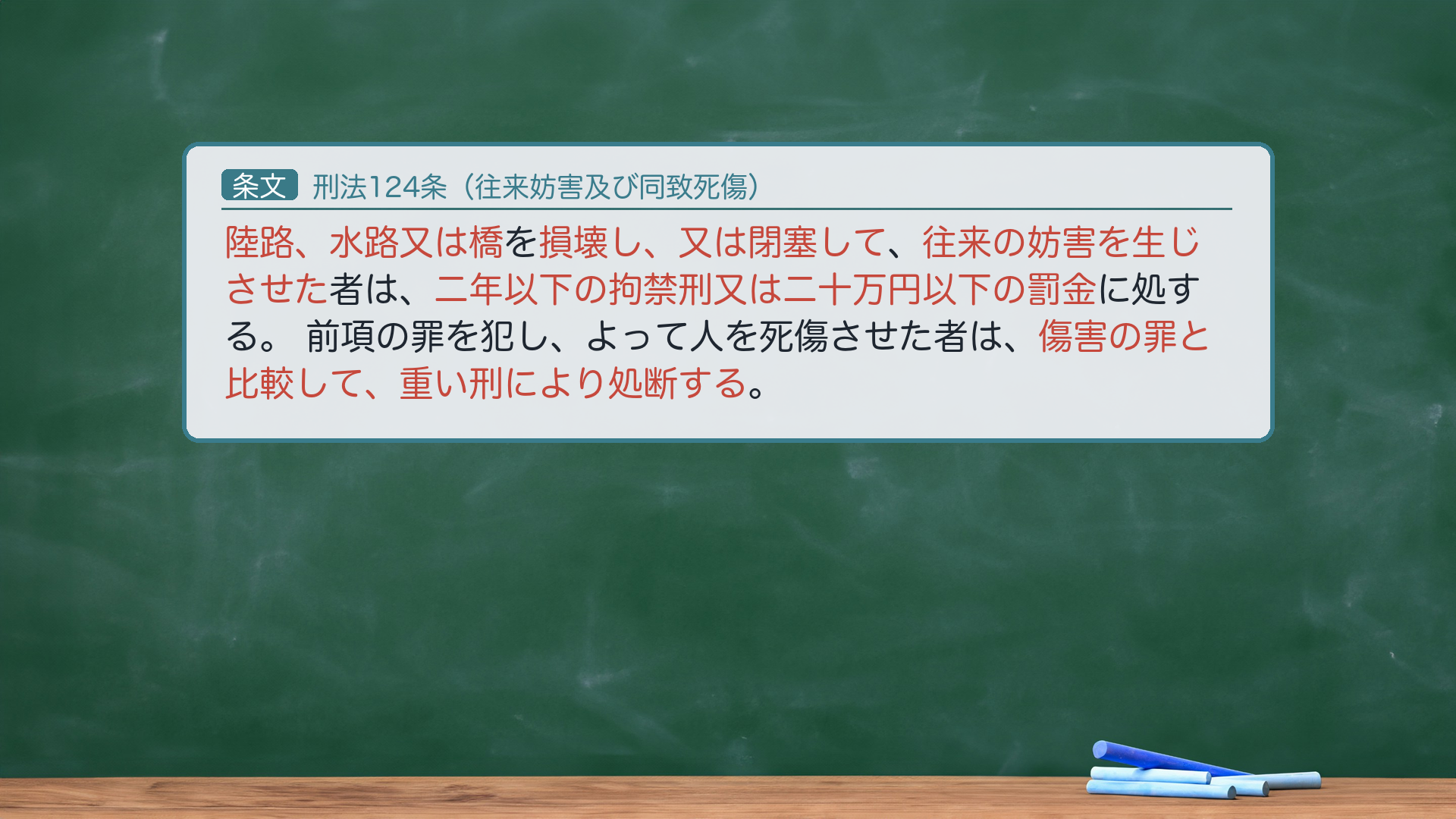 🔴約束③ 条文全文|刑法124条(往来妨害・同致死傷)。1項「陸路、水路又は橋を損壊し、又は閉塞して往来の妨害を生じさせた者は、二年以下の拘禁刑又は二十万円以下の罰金に処する。」2項「前項の罪を犯し、よって人を死傷させた者は、傷害の罪と比較して、重い刑により処断する。」🔴e-Gov現行XML(140AC0000000045 rev20260521)と一字一致。🔴罰金=「二十万円以下」が正文(呉「30万円」は誤り)。刑期は拘禁刑化済み。ハイライト=「陸路、水路又は橋」「損壊し、又は閉塞して」「往来の妨害を生じさせた」「二十万円以下」。
