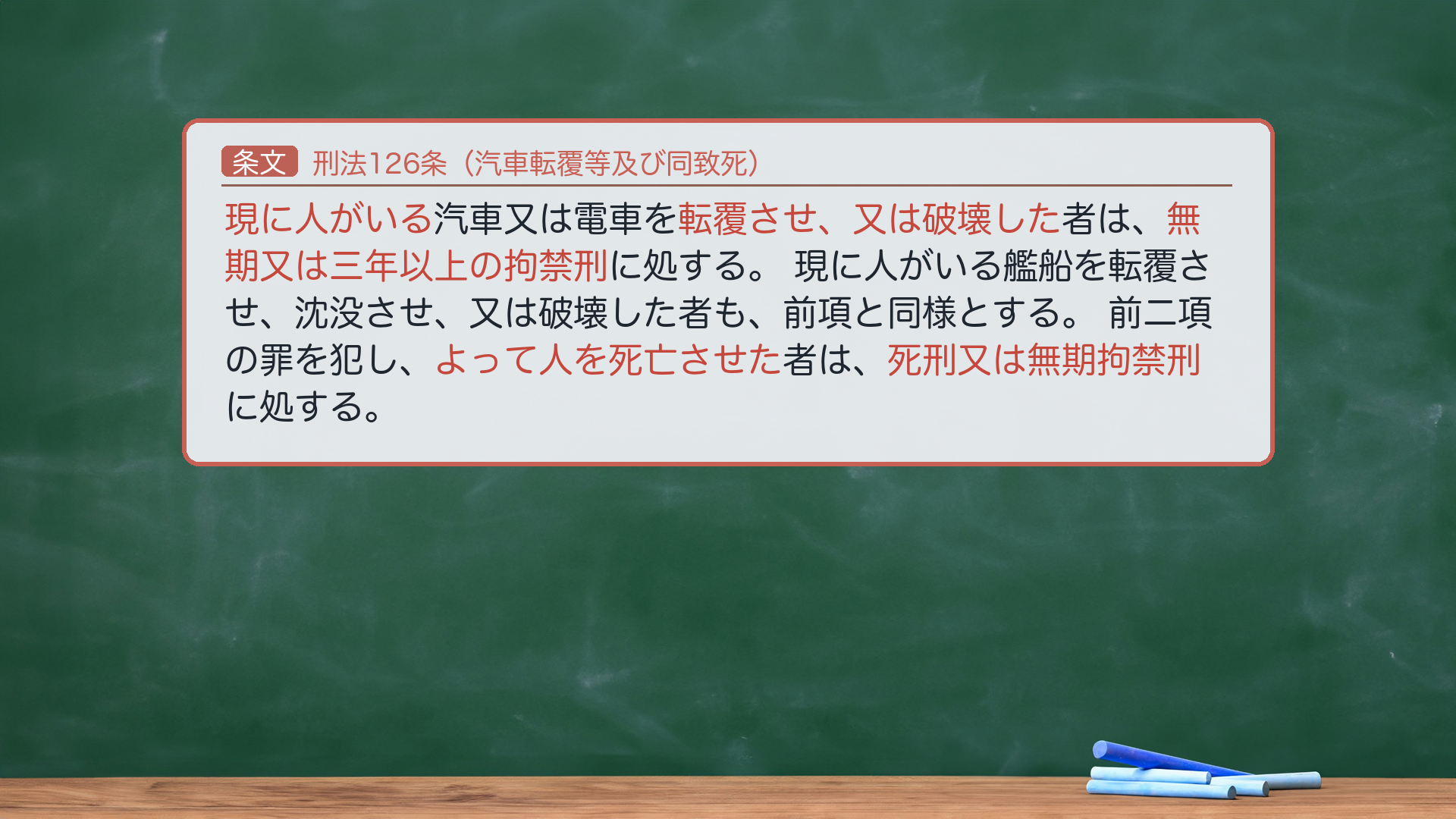 🔴約束③ 条文全文|刑法126条(汽車転覆等・同致死)。1項「現に人がいる汽車又は電車を転覆させ、又は破壊した者は、無期又は三年以上の拘禁刑に処する。」2項「現に人がいる艦船を転覆させ、沈没させ、又は破壊した者も、前項と同様とする。」3項「前二項の罪を犯し、よって人を死亡させた者は、死刑又は無期拘禁刑に処する。」🔴e-Gov現行XML(140AC0000000045 rev20260521)と一字一致。刑期は拘禁刑化済み。ハイライト=「現に人がいる」「転覆させ、又は破壊」「よって人を死亡させた」「死刑又は無期拘禁刑」。