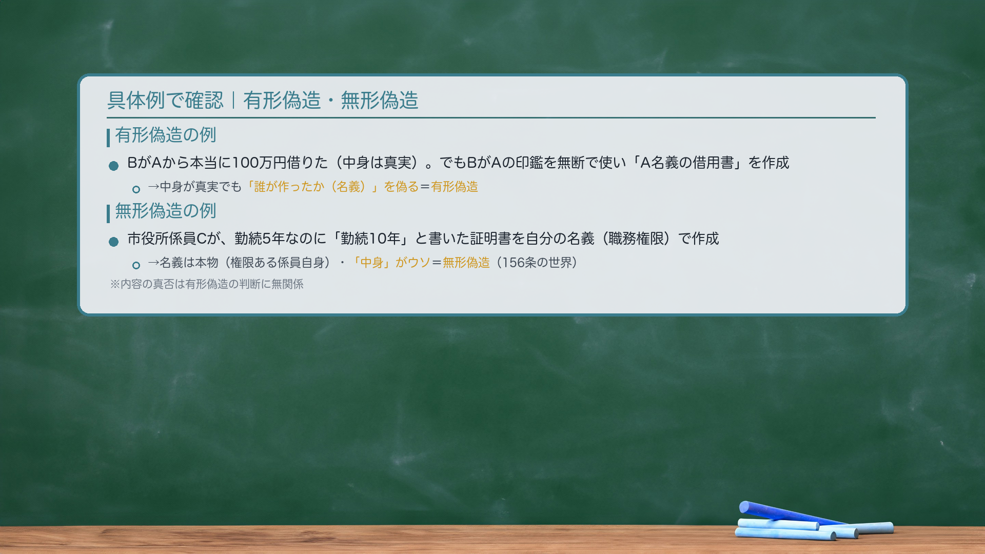 具体例で確認。有形偽造の例:BがAから本当に100万円を借りた(中身は真実)。でもBがAの印鑑を無断で使い「A名義の借用書」を作成した。→ 中身が真実でも、「誰が作ったか(名義)」を偽っている → 有形偽造(偽造) 。無形偽造の例:市役所の係員Cが、勤務経歴が5年なのに「勤続10年」と書いた証明書を、Cの名義(職務上の権限で)作成した。→ 名義は本物(権限ある係員自身)。「中身」がウソ → 無形偽造(虚偽作成)→ 156条の世界。🔴内容の真否は有形偽造の判断に無関係。