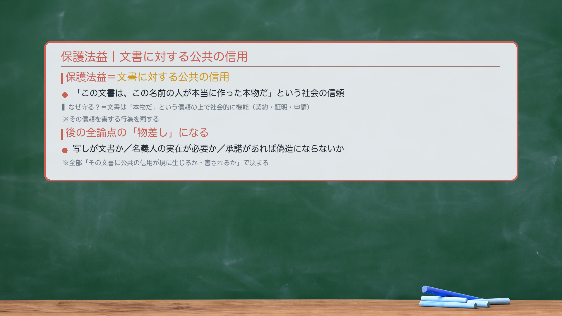 保護法益|文書に対する公共の信用。文書偽造罪の保護法益=文書に対する公共の信用。意味:「この文書は、この名前の人が本当に作った本物だ」という社会の信頼。なぜ守るのか:文書は「本物だ」という信頼の上で社会的に機能している(契約・証明・申請……どれも信頼があって初めて成り立つ)。その信頼を害する行為を罰する。🔴この保護法益が、後の全論点の判断基準(物差し)になる:写しが文書か・名義人の実在が必要か・承諾があれば偽造にならないか——全部「その文書に公共の信用が現に生じるか・害されるか」で決まる。