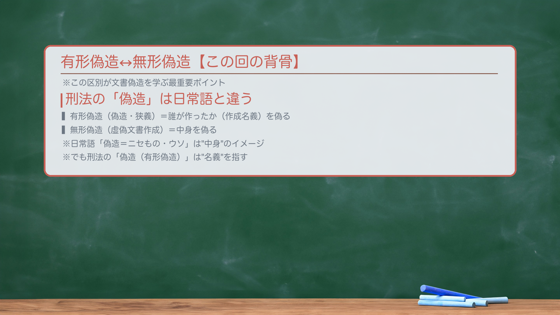 有形偽造↔無形偽造【この回の背骨】。この区別が文書偽造を学ぶ最重要ポイント。🔴「偽造」(刑法上の意味)は日常語と違う:「偽造(有形偽造・狭義の偽造)」=誰が作ったか(作成名義)を偽る/「虚偽(文書)作成(無形偽造)」=中身を偽る。一見、日常語の「偽造=ニセもの・ウソ」は"中身"のことのように思えるが、刑法の「偽造(有形偽造)」は"名義"のことを指す。