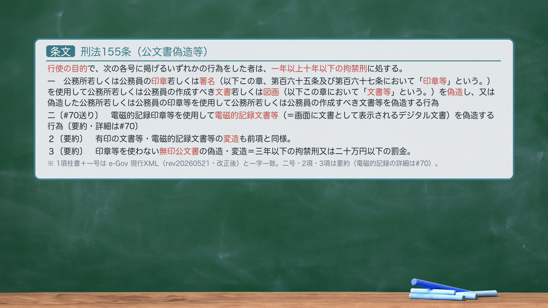 🔴約束③ 条文全文|刑法155条(公文書偽造等)。1項柱書「行使の目的で、次の各号に掲げるいずれかの行為をした者は、一年以上十年以下の拘禁刑に処する。」一号(有形偽造・公文書版=今日の核心)「公務所若しくは公務員の印章若しくは署名(以下この章、第百六十五条及び第百六十七条において「印章等」という。)を使用して公務所若しくは公務員の作成すべき文書若しくは図画(以下この章において「文書等」という。)を偽造し、又は偽造した公務所若しくは公務員の印章等を使用して公務所若しくは公務員の作成すべき文書等を偽造する行為」。二号〔🆕2026-05-21施行・令和7年法律39号で新設〕=電磁的記録印章等を使用して電磁的記録文書等(=画面に文書として表示されるデジタル文書)を偽造する行為〔要約・本シリーズでは#70で詳説〕。2項=有印文書等の変造(前項と同様)。3項=印章等を使わない無印公文書の偽造・変造(三年以下の拘禁刑又は二十万円以下の罰金)。🔴e-Gov現行XML(140AC0000000045 rev20260521・令和7年法律39号改正後)と一字一致。刑期は拘禁刑(旧「懲役」表記は2025-06-01改正前・不使用)。ハイライト=「印章等」「文書等」「偽造」「一年以上十年以下の拘禁刑」。=有形偽造(作成名義を偽る)の代表・公文書版=一号。