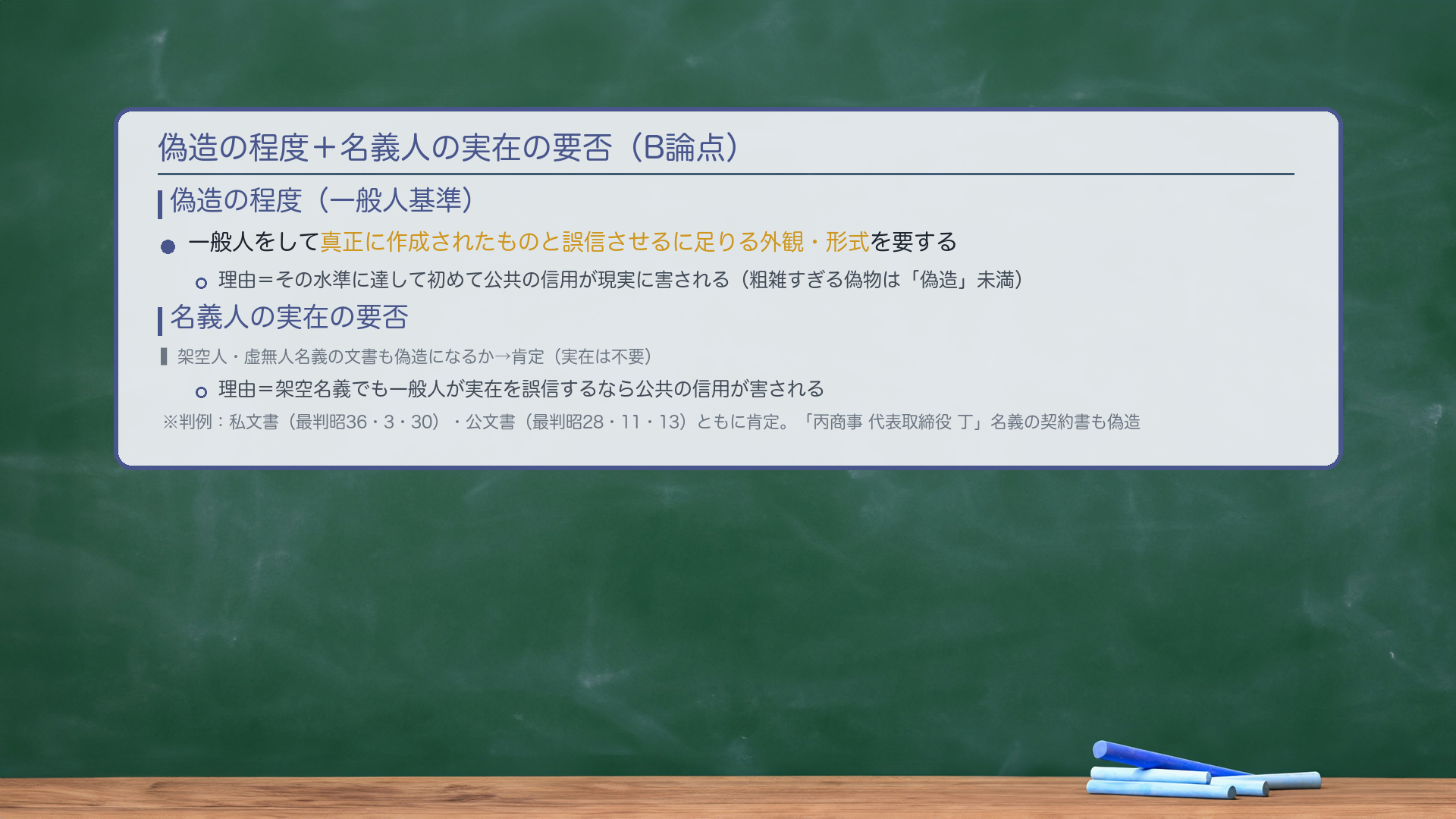 名義人の実在の要否+偽造の程度(B論点・board一言)。【偽造の程度(一般人基準)】偽造といえるには、その文書が一般人をして真正に作成されたものと誤信させるに足りる外観・形式を備えることを要する。理由:外観がその程度に達して初めて、文書に対する公共の信用が現実に害されるから——粗雑すぎて誰も本物と誤信しない代物は「偽造」の名に値しない。【名義人の実在の要否】名義人が実在しない(架空人・虚無人)名義の文書も偽造になるか?→ 🔴肯定(実在は不要)。理由:架空の名義でも、一般人がその実在を誤信するなら文書に対する公共の信用が害される(=偽造の程度を満たす)。判例:私文書(最判昭36・3・30)・公文書(最判昭28・11・13)ともに肯定。設例:実在しない「丙商事 代表取締役 丁」名義の契約書も、一般人が実在を誤信するなら偽造。
