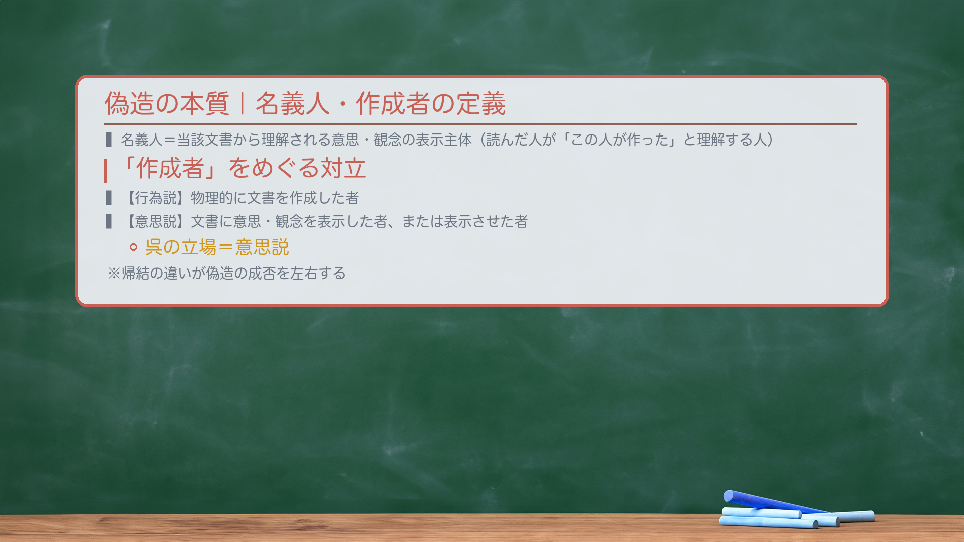 偽造の本質|名義人・作成者の定義。名義人=当該文書から理解される意思・観念の表示主体(その文書を読んだ人が「この人が作った」と理解する人)。作成者をめぐる対立:【行為説】物理的に文書を作成した者/【意思説】文書に意思・観念を表示した者、または表示させた者。🔴呉の立場=意思説。帰結の違いが偽造の成否を左右する。