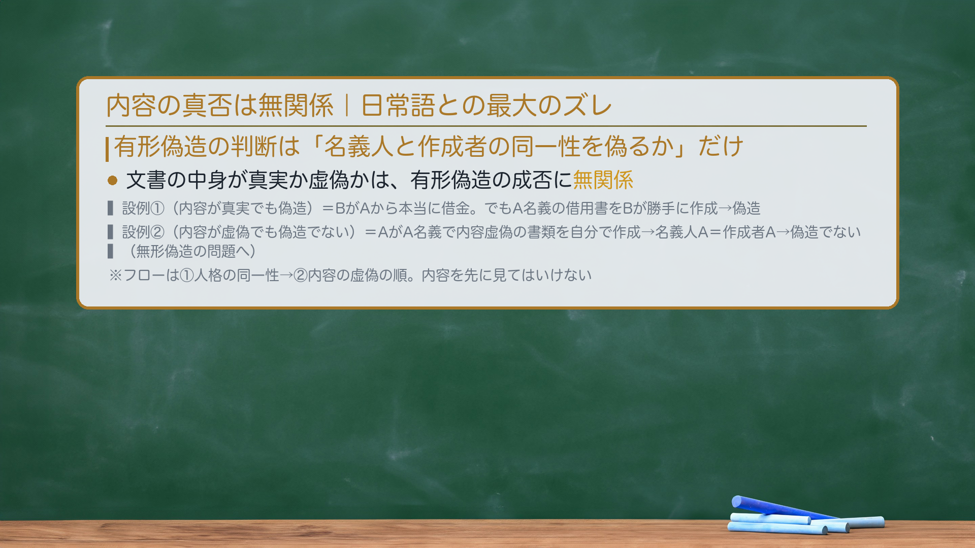 内容の真否は無関係(🔴日常語との最大のズレ)。偽造(有形偽造)の判断は「名義人と作成者の人格の同一性を偽るか」だけ。文書の中身が真実か虚偽かは有形偽造の成否に無関係。。設例①(内容が真実でも偽造):BがAから本当に100万円借りているのに、A名義の借用書をBが勝手に作った→中身が真実でも偽造。設例②(内容が虚偽でも偽造でない):AがA名義で内容虚偽の書類を自分で作った→名義人Aと作成者Aが一致→偽造ではない(「虚偽作成」=無形偽造の問題になる)。