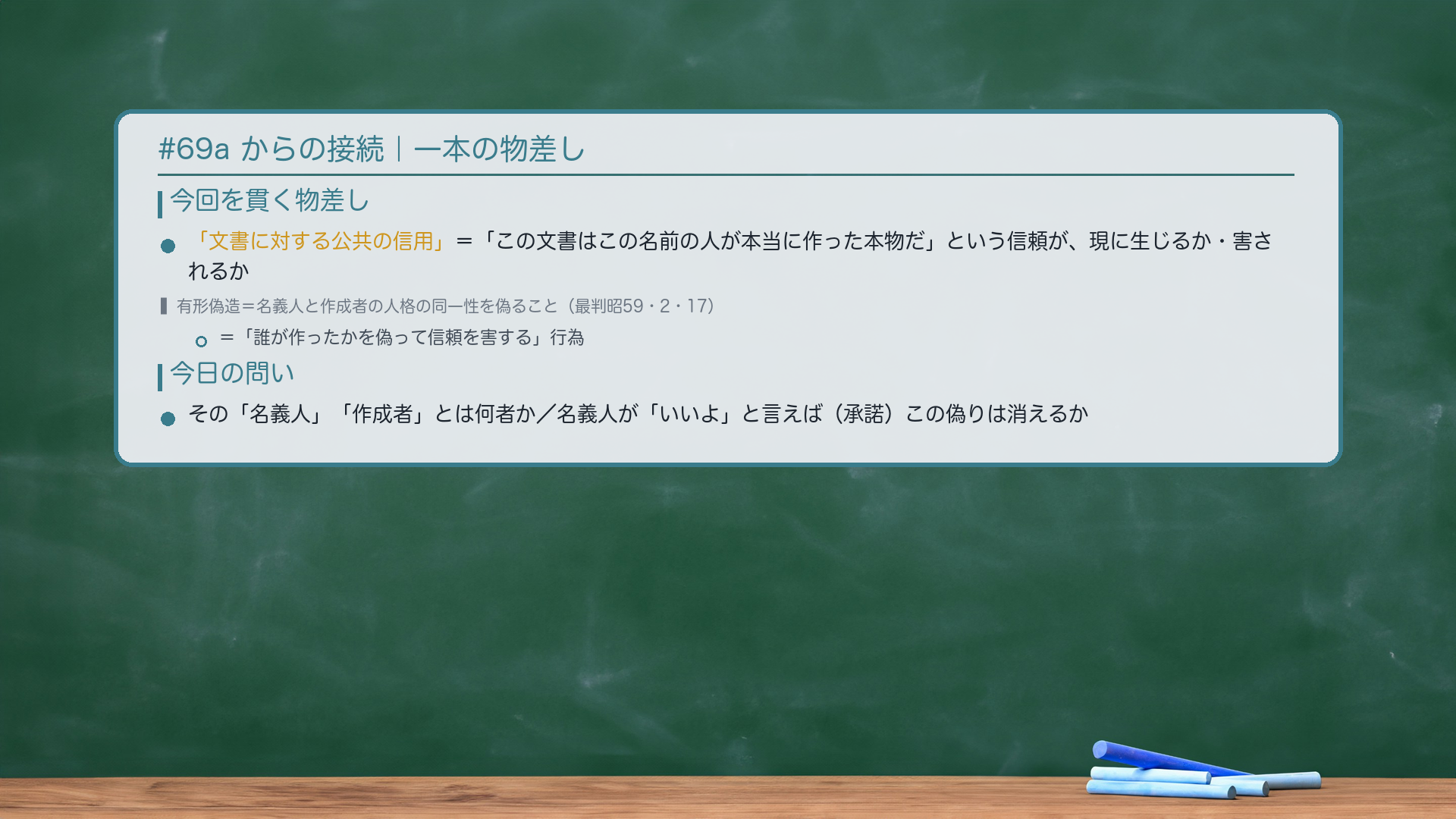 #69a からの接続。今回全体を貫く一本の物差し:「文書に対する公共の信用=『この文書はこの名前の人が本当に作った本物だ』という信頼が、現に生じるか・害されるか」。有形偽造=名義人と作成者の人格の同一性を偽ること(最判昭59・2・17)=この物差しで見ると「誰が作ったかを偽って信頼を害する」行為。今日の問い:その「名義人」と「作成者」とは何者か。そして名義人が「いいよ」と言ったら(承諾)この偽りは消えるか。