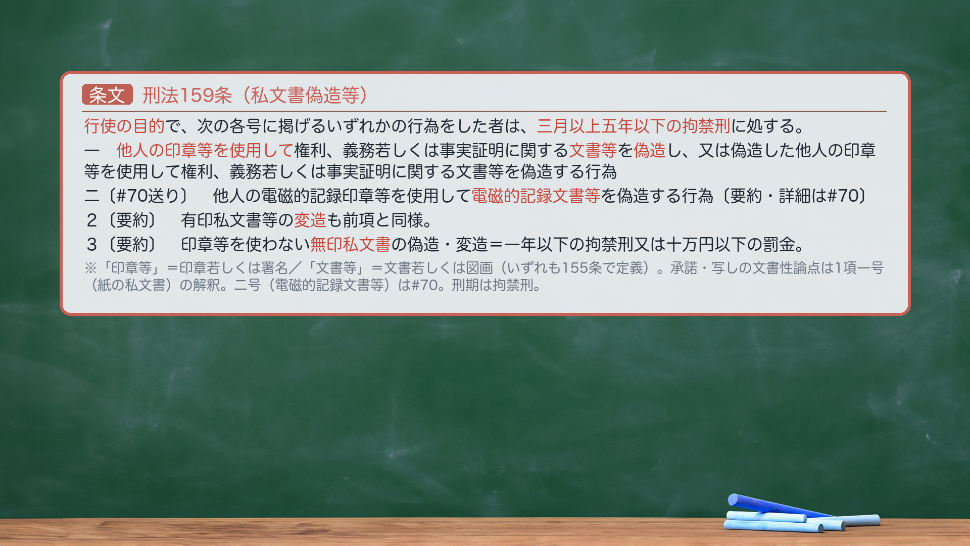 🔴約束③ 条文全文|刑法159条(私文書偽造等)。1項柱書「行使の目的で、次の各号に掲げるいずれかの行為をした者は、三月以上五年以下の拘禁刑に処する。」一号(有形偽造・私文書版=承諾論点はここ)「他人の印章等を使用して権利、義務若しくは事実証明に関する文書等を偽造し、又は偽造した他人の印章等を使用して権利、義務若しくは事実証明に関する文書等を偽造する行為」。「印章等」=印章若しくは署名・「文書等」=文書若しくは図画(いずれも155条で定義)。二号〔🆕2026-05-21施行・令和7年法律39号で新設〕=他人の電磁的記録印章等を使用して電磁的記録文書等を偽造する行為〔要約・#70送り〕。2項=有印私文書等の変造(前項と同様)。3項=印章等を使わない無印私文書の偽造・変造(一年以下の拘禁刑又は十万円以下の罰金)。🔴e-Gov現行XML(140AC0000000045 rev20260521・令和7年法律39号改正後)と一字一致。刑期は拘禁刑。ハイライト=「他人の印章等を使用して」「権利、義務若しくは事実証明に関する文書等」「偽造」「三月以上五年以下の拘禁刑」。🔴名義人の承諾論点は1項一号の「偽造」(有形偽造・紙の私文書の世界)の解釈として問われる(最決昭56・4・8 参照法条159条1項)。