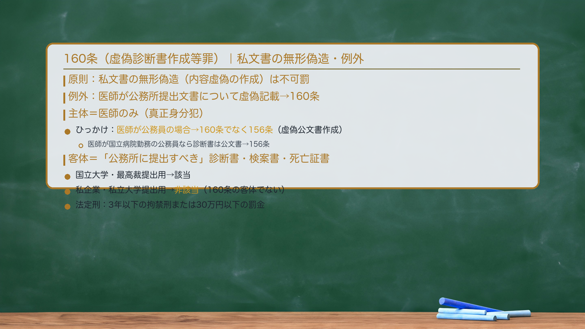 160条(虚偽診断書作成等罪)|私文書の無形偽造・例外規定。原則:私文書の無形偽造(内容虚偽の作成)は不可罰。例外:医師が公務所提出文書について虚偽記載→160条。主体=医師のみ(真正身分犯)。🔴ひっかけ:医師が公務員の場合→160条ではなく156条(虚偽公文書作成):医師が国立病院勤務の公務員なら、その診断書は公文書→156条が適用。客体:「公務所に提出すべき」診断書・検案書・死亡証書に限定。🔴「公務所に提出すべき」要件が重要:国立大学・最高裁提出用→該当。私企業・私立大学提出用→非該当(160条の客体でない)。法定刑:3年以下の拘禁刑または30万円以下の罰金。