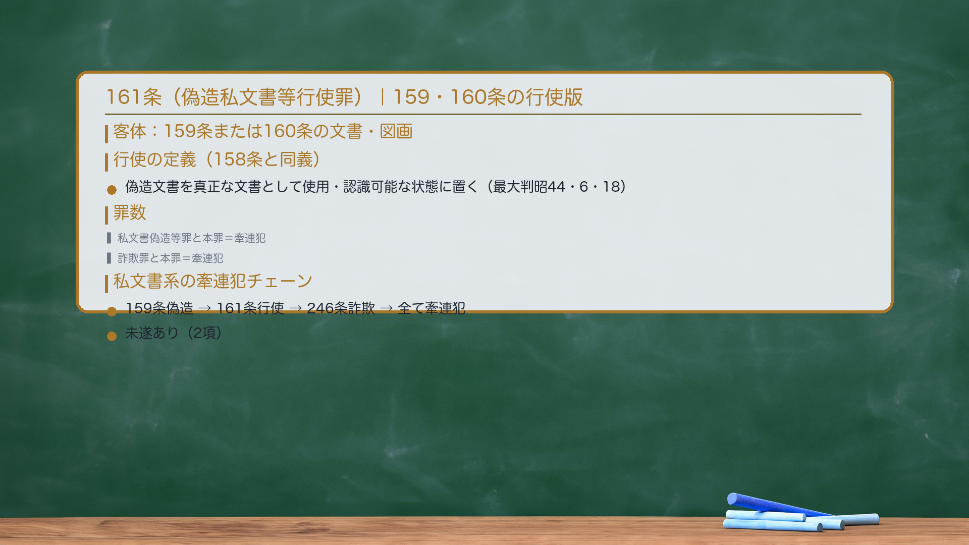 161条(偽造私文書等行使罪)|159・160条の行使版。客体:159条または160条の文書・図画。行使の定義:158条と同義(偽造文書を真正な文書として使用・認識可能な状態に置く)。罪数:私文書偽造等罪と本罪=牽連犯。詐欺罪と本罪=牽連犯。未遂あり(2項)。