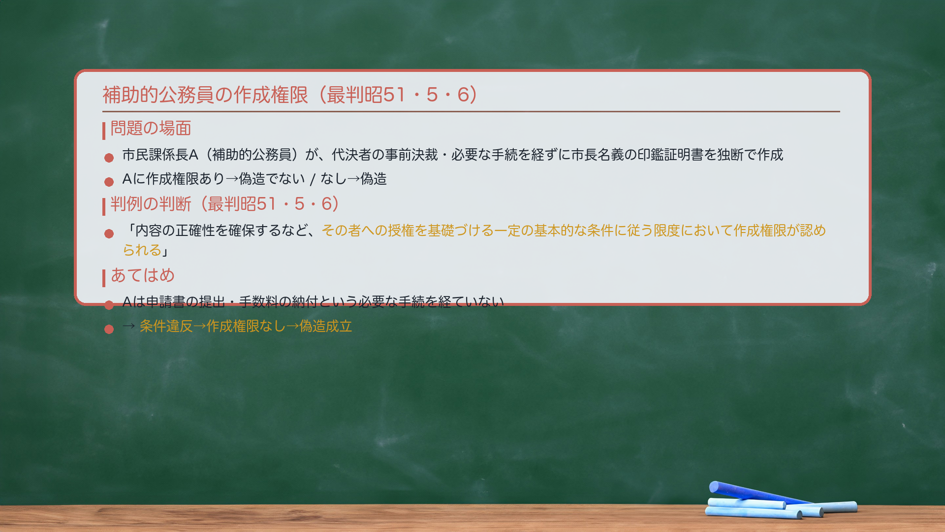 補助的公務員の作成権限(最判昭51・5・6)。問題:市民課係長A(補助的公務員)が、代決者(市民課長)の事前決裁や必要な手続を経ずに、市長名義の印鑑証明書を独断で作成。Aに作成権限あり→偽造でない・なし→偽造。判例の結論:「内容の正確性を確保するなど、その者への授権を基礎づける一定の基本的な条件に従う限度において作成権限が認められる」(最判昭51・5・6)。本件のあてはめ:Aは申請書の提出・手数料の納付という必要な手続を経ていない→条件違反→Aに作成権限なし→偽造成立。図:市長(名義人)→授権→市民課長(代決者)→補助→市民課係長A(補助的公務員)。