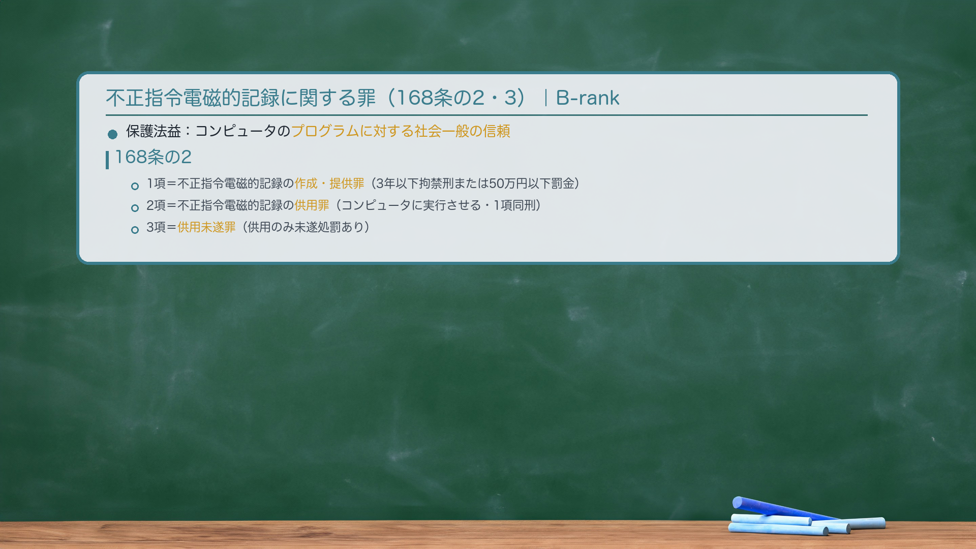 不正指令電磁的記録に関する罪(168条の2・3)|B-rank・保護法益と構成。保護法益:コンピュータのプログラムに対する社会一般の信頼。168条の2:①1項=不正指令電磁的記録の作成・提供罪(3年以下拘禁刑または50万円以下罰金)。②2項=不正指令電磁的記録の供用罪(人のコンピュータに実行させる・1項同刑)。③3項=供用未遂罪(供用のみ未遂処罰あり)。168条の3:正当な理由なく168条の2第1項の目的で電磁的記録を取得・保管する罪(取得・保管罪・2年以下拘禁刑または30万円以下罰金)。