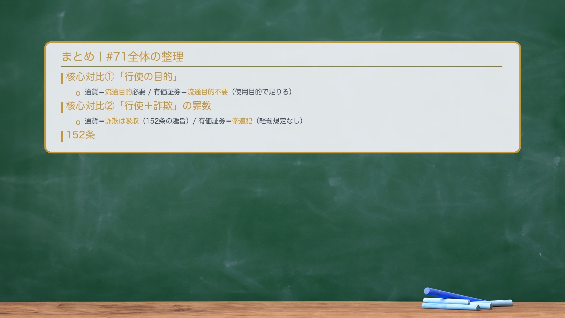 まとめ|#71全体の整理。核心対比①「行使の目的」:通貨=流通目的必要 / 有価証券=流通目的不要(使用目的で足りる)。核心対比②「行使+詐欺」の罪数:通貨=詐欺は吸収(152条の趣旨)/ 有価証券=牽連犯(軽罰規定なし)。152条:収得後知情行使=期待可能性低→軽罰(罰金・科料)→詐欺罪も否定。支払用カード:電磁的記録が客体→有価証券でない→163条の2の別規定。印章:C-rank一読。不正指令電磁的記録:B-rank・保護法益=プログラムへの社会一般の信頼。