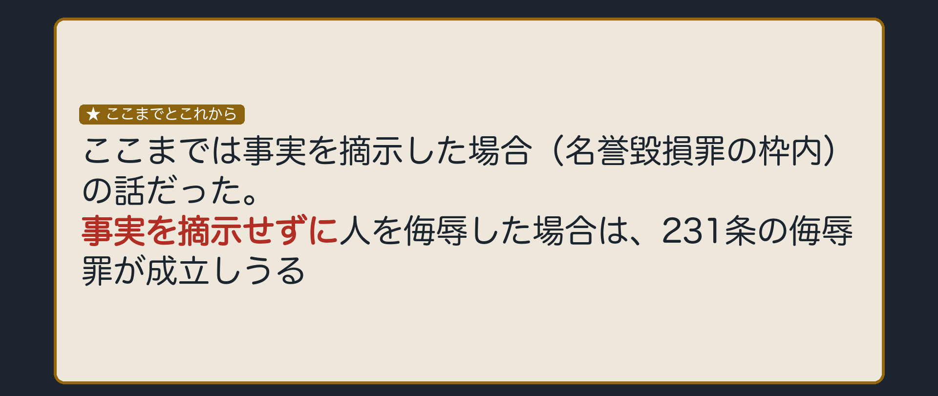事実を摘示せずに人を侮辱した場合は、侮辱罪の出番になる