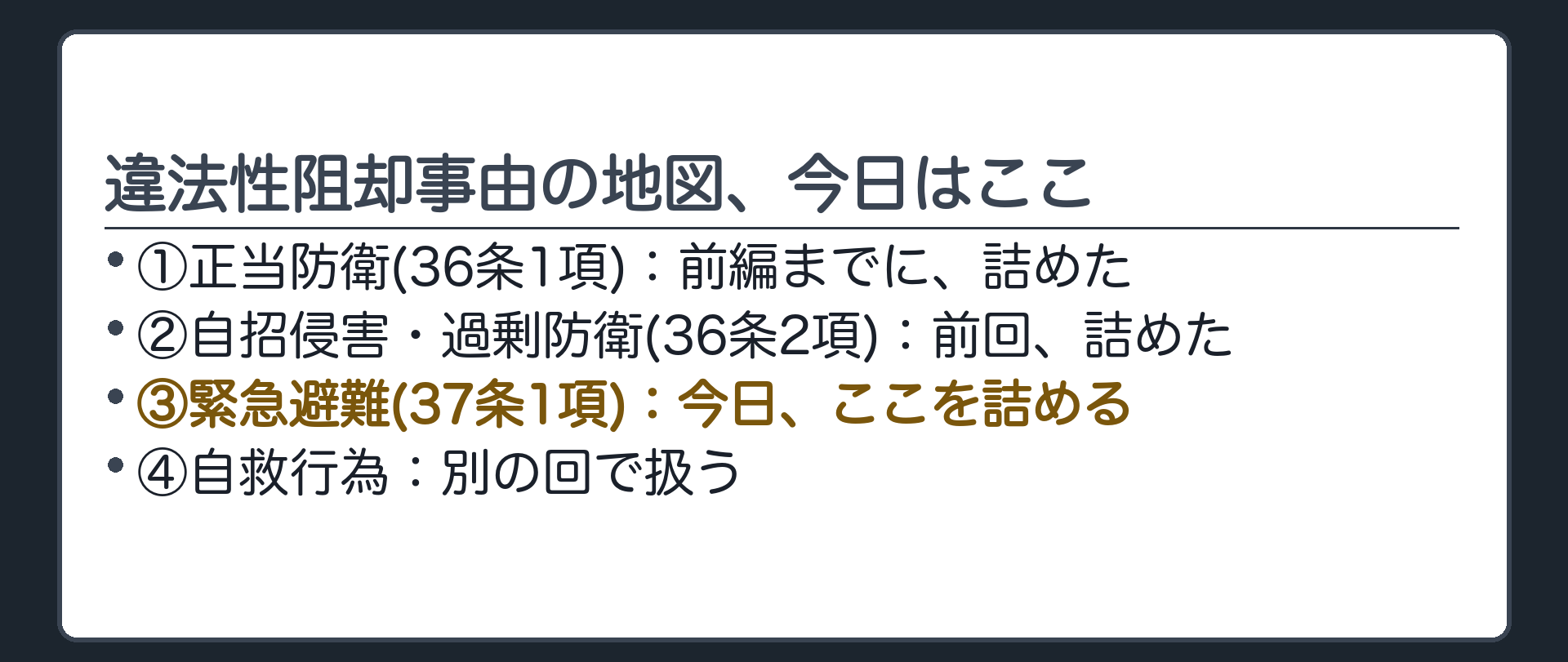 違法性阻却事由の地図、今日はここ