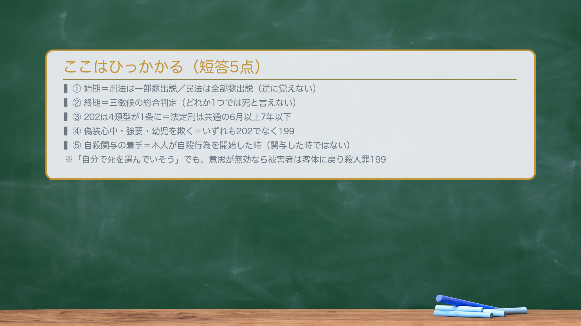 ここはひっかかる。①始期=刑法は一部露出説/民法は全部露出説(混同しない)②終期=三徴候の総合判定(1つでは足りない)③202は4類型が1条=法定刑共通6月〜7年④偽装心中・強要・幼児はいずれも202でなく199⑤自殺関与の着手=本人の自殺行為開始時。