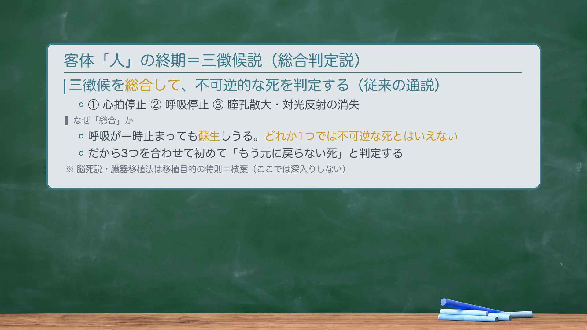 人の終期=三徴候説(総合判定説・従来の通説)。①心拍停止 ②呼吸停止 ③瞳孔散大・対光反射消失 の3徴候を総合して、不可逆的な死を判定する(どれか1つでは足りない)。脳死説・臓器移植法は移植目的の特則=枝葉。