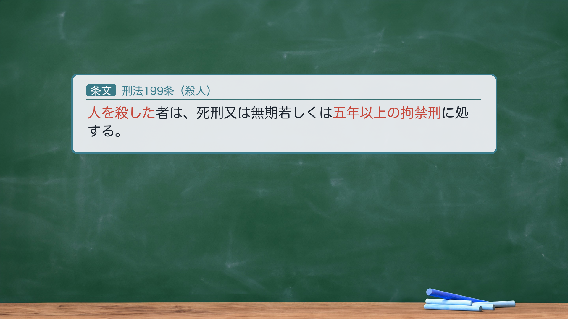 刑法199条(殺人)の全文。保護法益=人の生命/客体=「人」(胎児は客体外=堕胎罪212以下へ=第45回)。