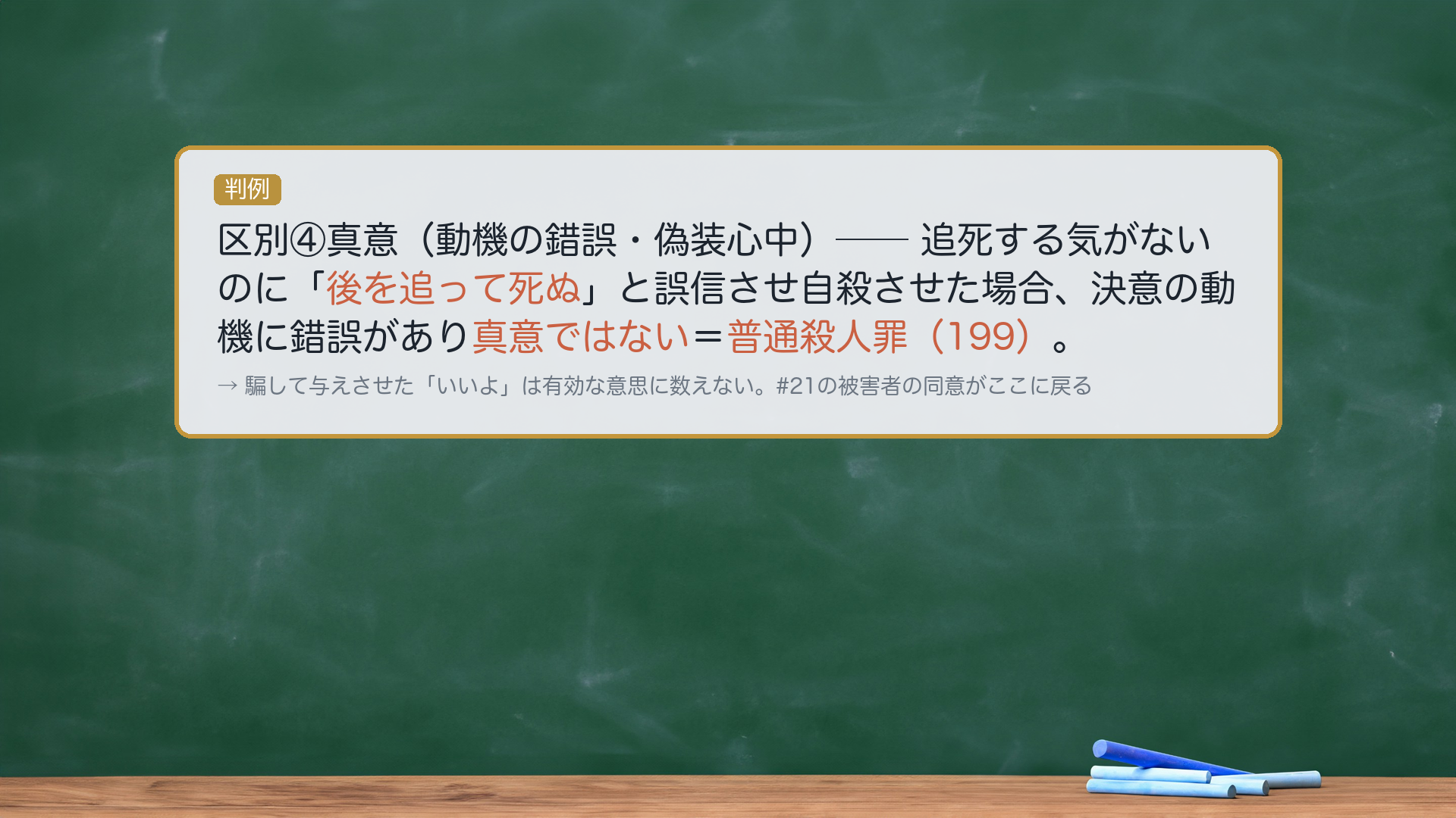 区別④真意(動機の錯誤・偽装心中)。追死する気がないのに「後を追って死ぬ」と誤信させ自殺させた→決意の動機に錯誤→真意でない→普通殺人罪199。判例=最判昭33・11・21(第21回既出)。
