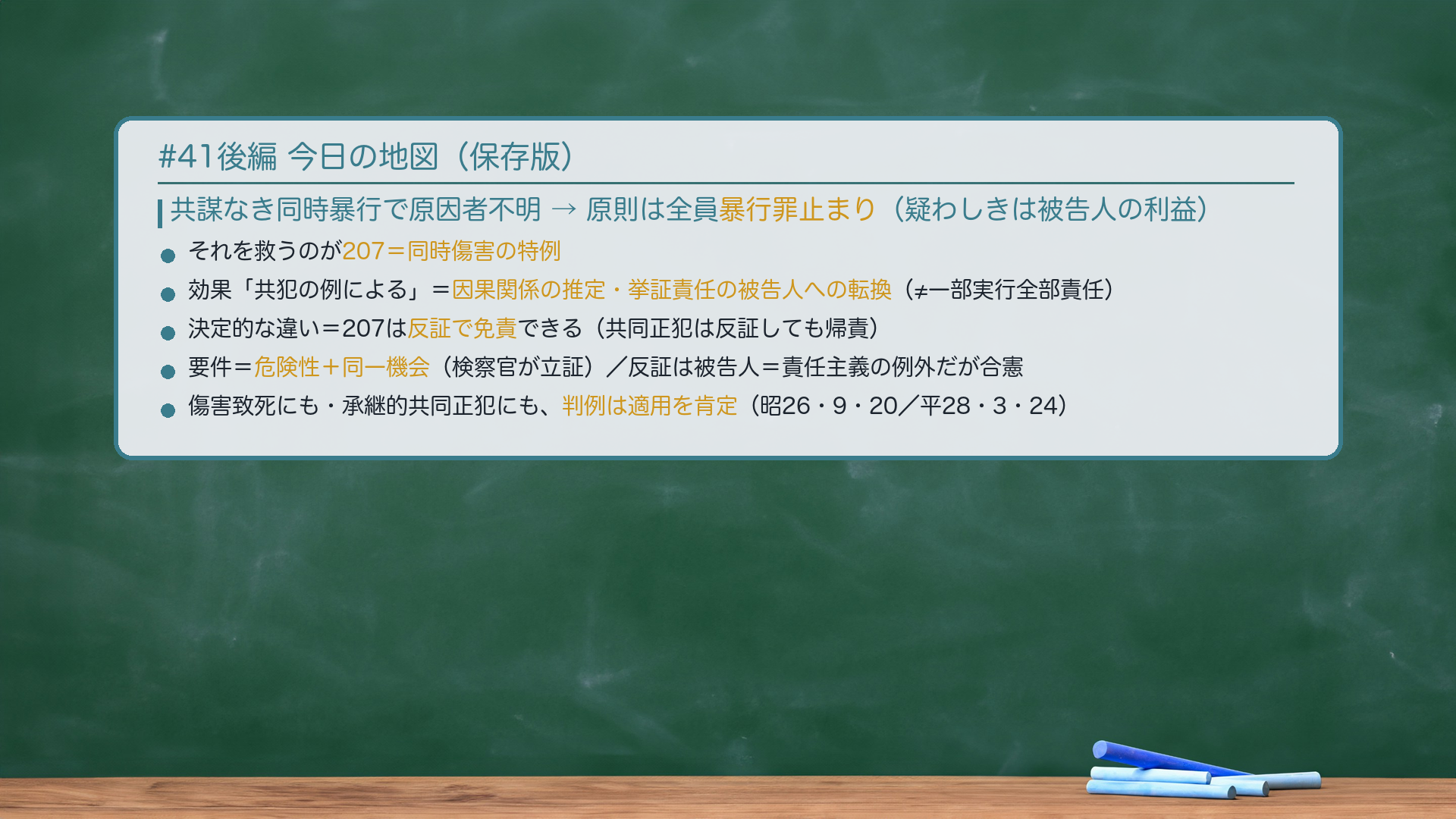 今日のまとめ。共謀なき同時暴行で原因者不明→原則は「疑わしきは被告人の利益」で全員暴行罪止まり。それを救うのが207=同時傷害の特例。効果「共犯の例による」=因果関係の推定・挙証責任の被告人への転換(≠共同正犯の一部実行全部責任)。決定的な違い=207は反証で免責できる。要件=危険性+同一機会(検察官が立証)。責任主義の例外だが推定+反証可で合憲。傷害致死にも判例は適用を肯定(昭26・9・20)。承継的共同正犯にも判例は適用を肯定(平28・3・24)。