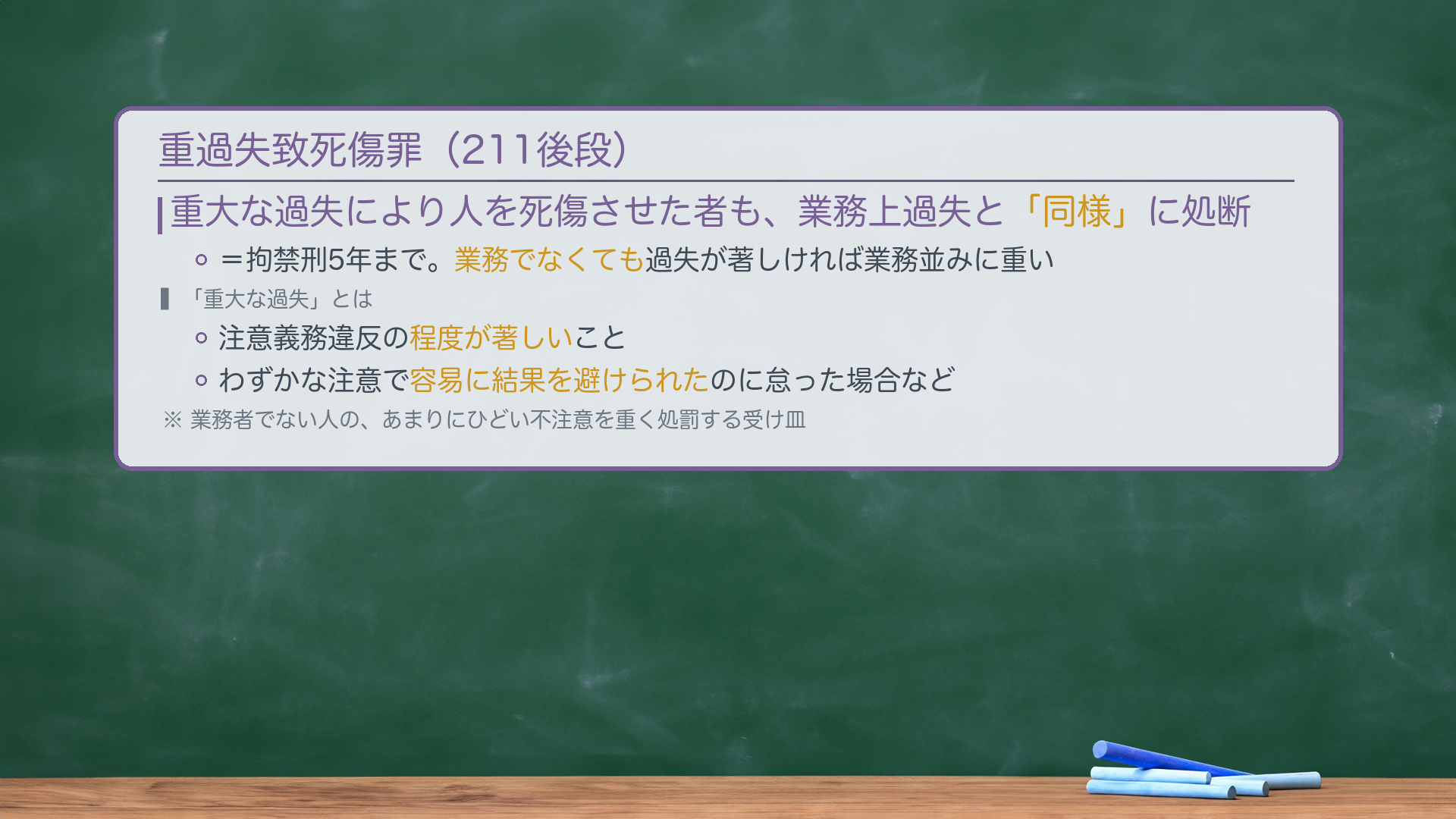 重過失致死傷罪(211後段)。重大な過失により人を死傷させた者も、業務上過失と「同様」に処断(拘禁刑5年まで)。「重大な過失」=注意義務違反の程度が著しいこと(わずかな注意で容易に結果を避けられたのに怠った場合等)。業務でなくても、過失が著しければ業務並みに重く扱う。