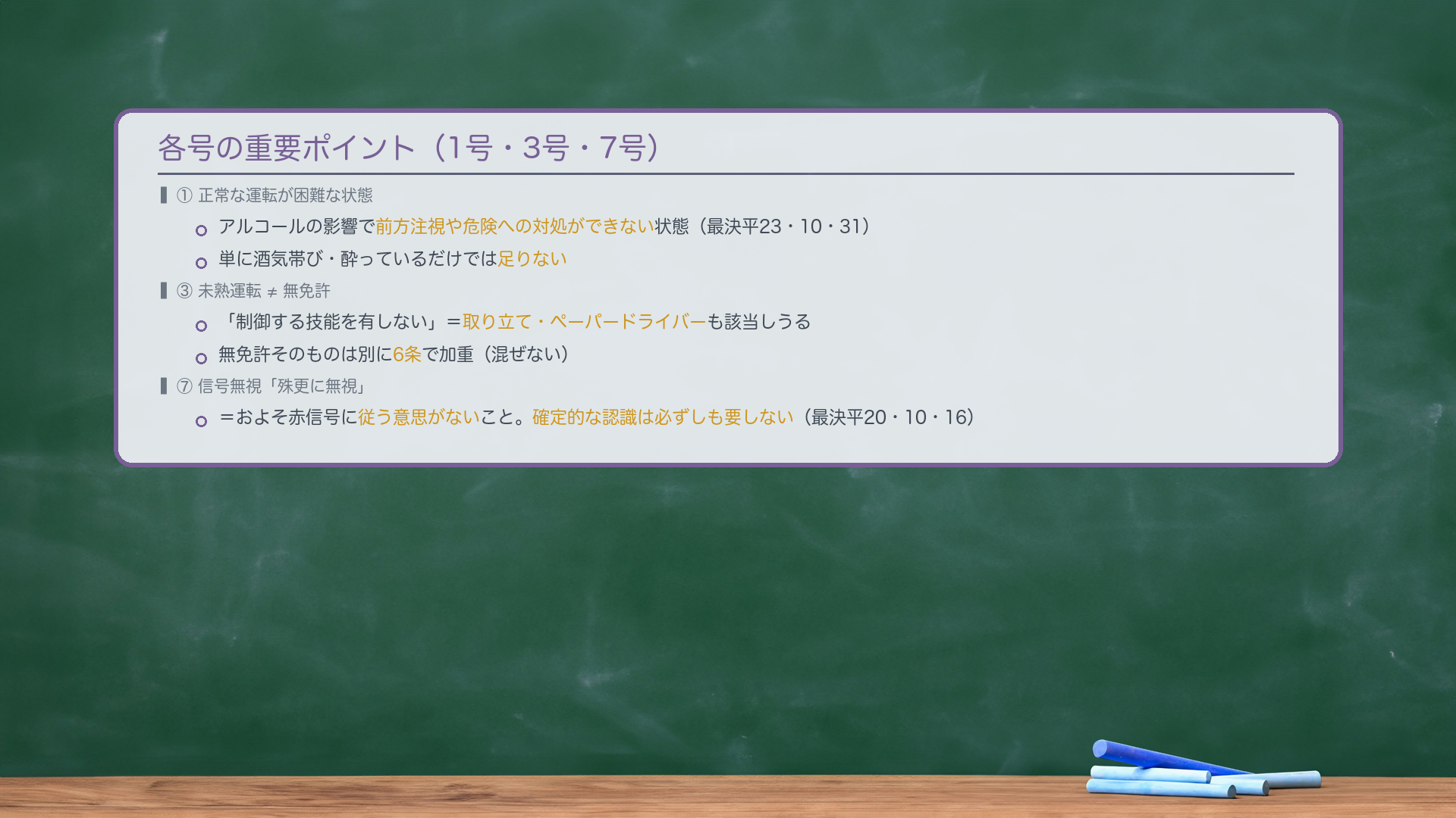 各号の重要ポイント3つ。【1号 正常な運転が困難な状態】=アルコールの影響により前方注視や危険への的確な対処ができない状態(最決平23・10・31)。単に酒気帯び・酔っているだけでは足りない。【3号 未熟運転 ≠ 無免許】=「制御する技能を有しない」=取り立て・ペーパードライバーも該当しうる。無免許そのものは別に6条で加重。【7号 信号無視「殊更に無視」】=およそ赤信号に従う意思がないこと。赤信号であることの確定的な認識は必ずしも要しない(最決平20・10・16/旧208条の2時代の判例)。