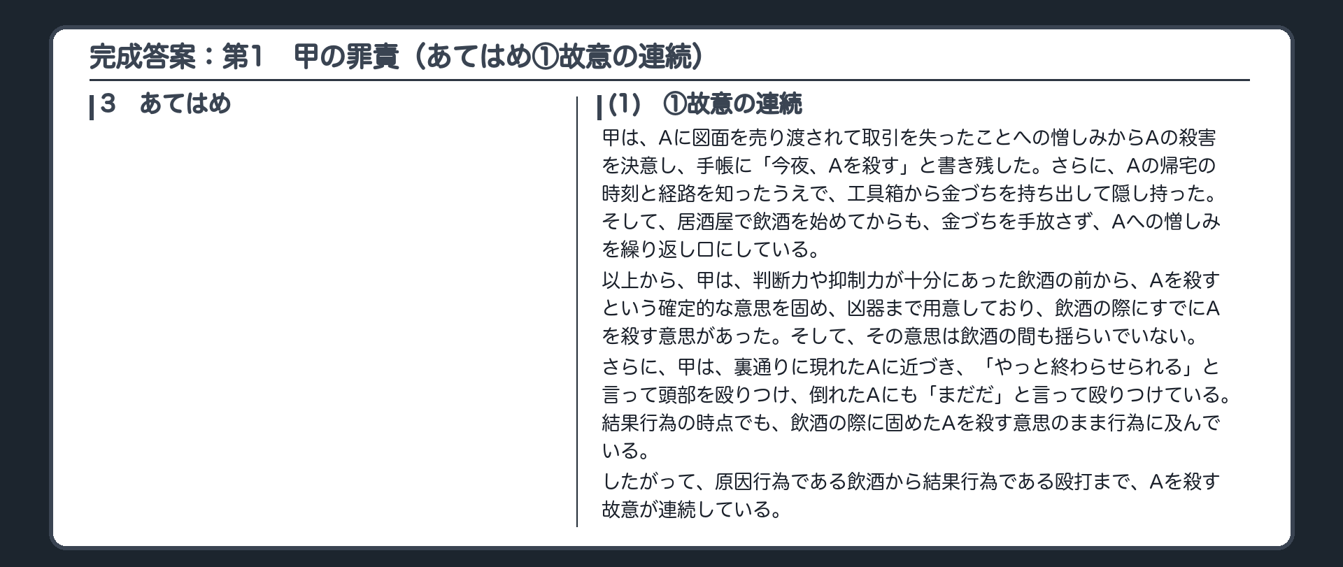 完成答案：第1　甲の罪責（あてはめ①故意の連続）