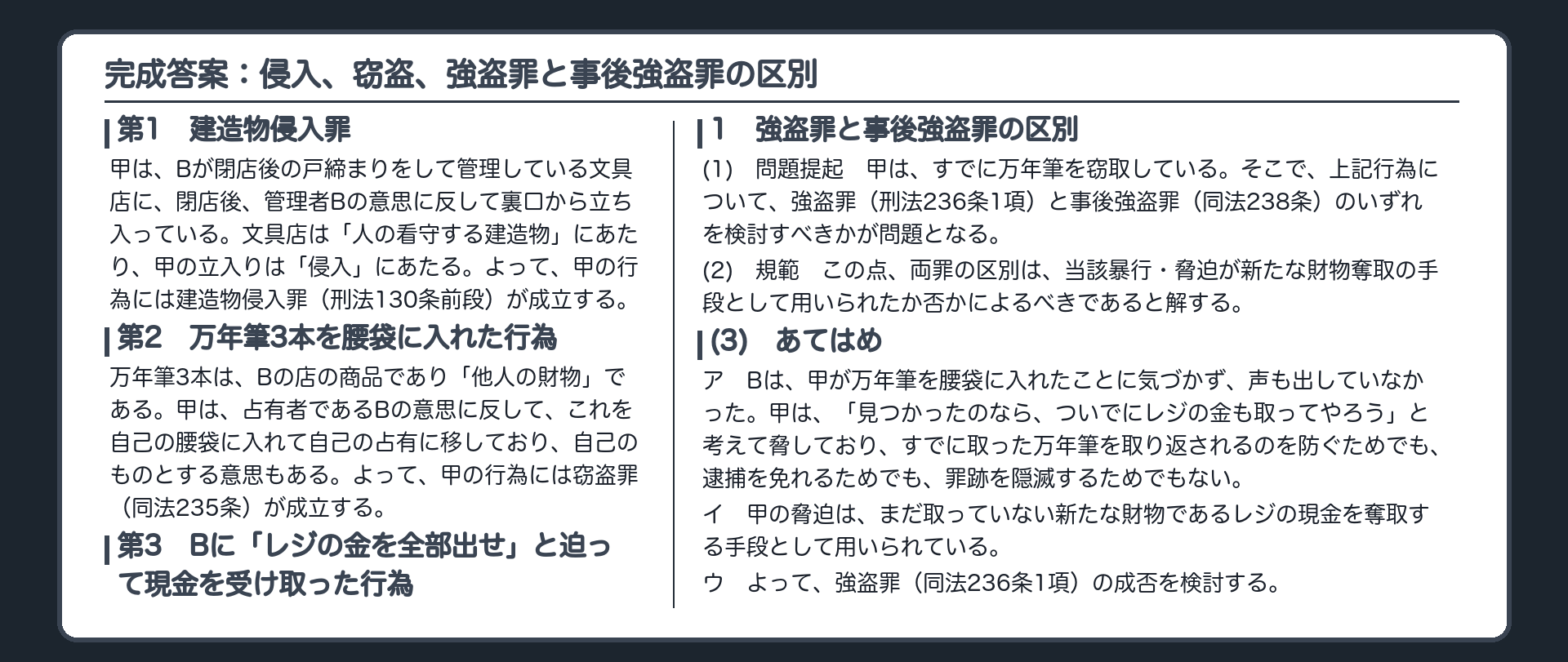 完成答案：侵入、窃盗、強盗罪と事後強盗罪の区別