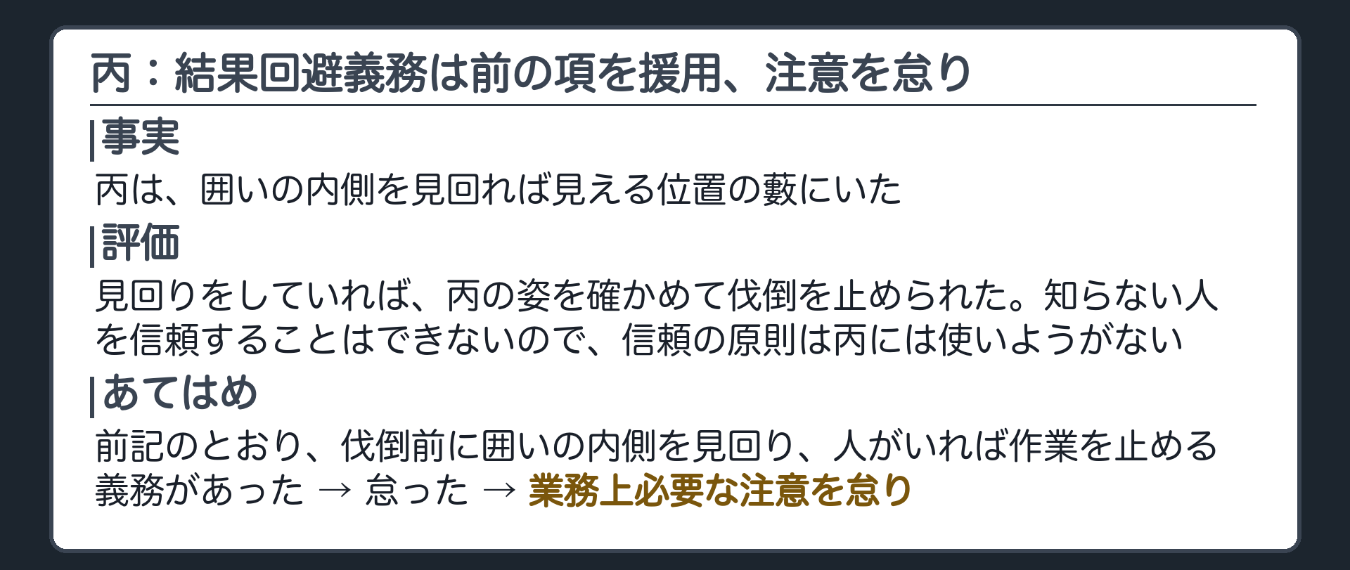 丙：結果回避義務は前の項を援用、注意を怠り