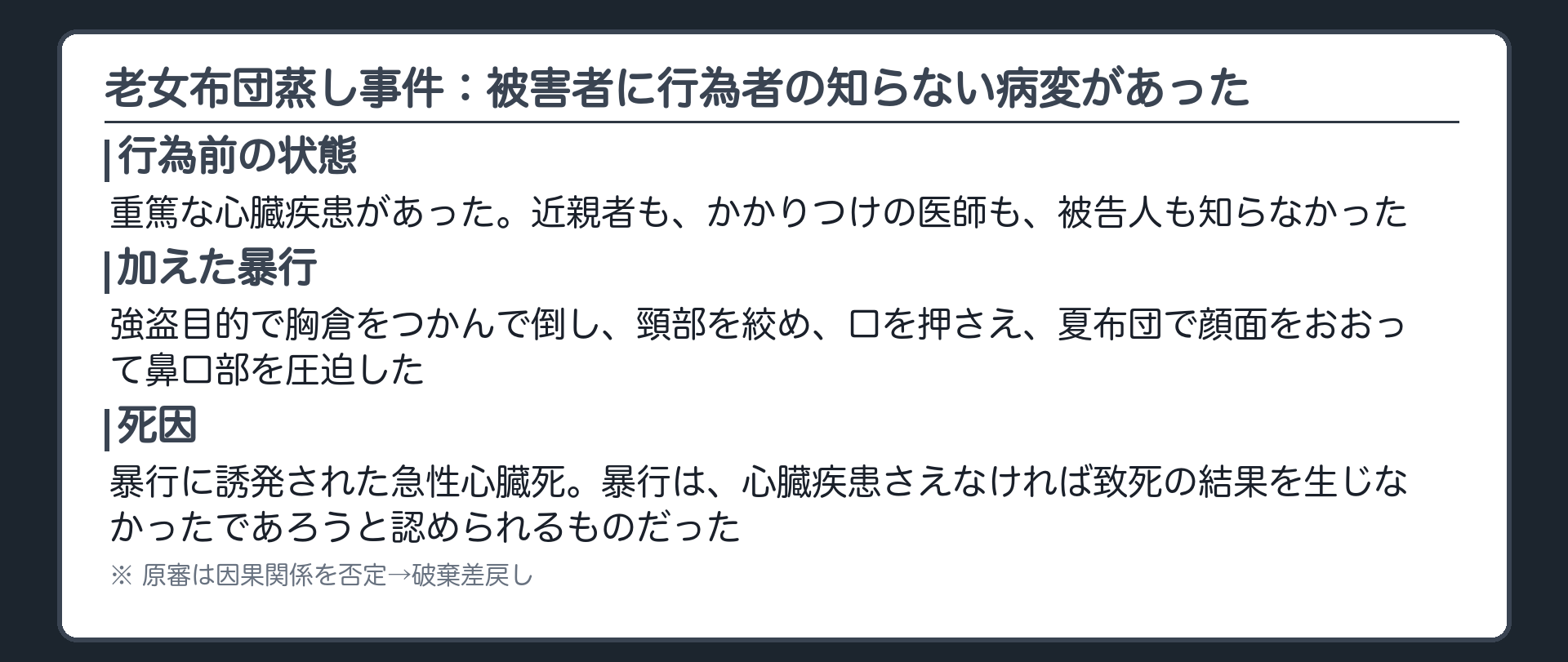 老女布団蒸し事件：被害者に行為者の知らない病変があった