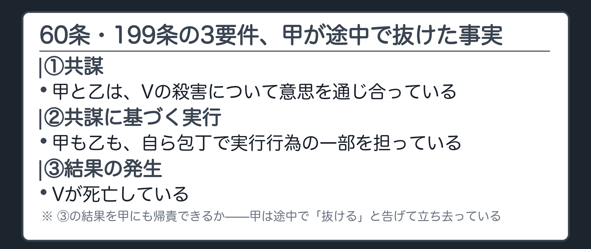 60条・199条の3要件、甲が途中で抜けた事実