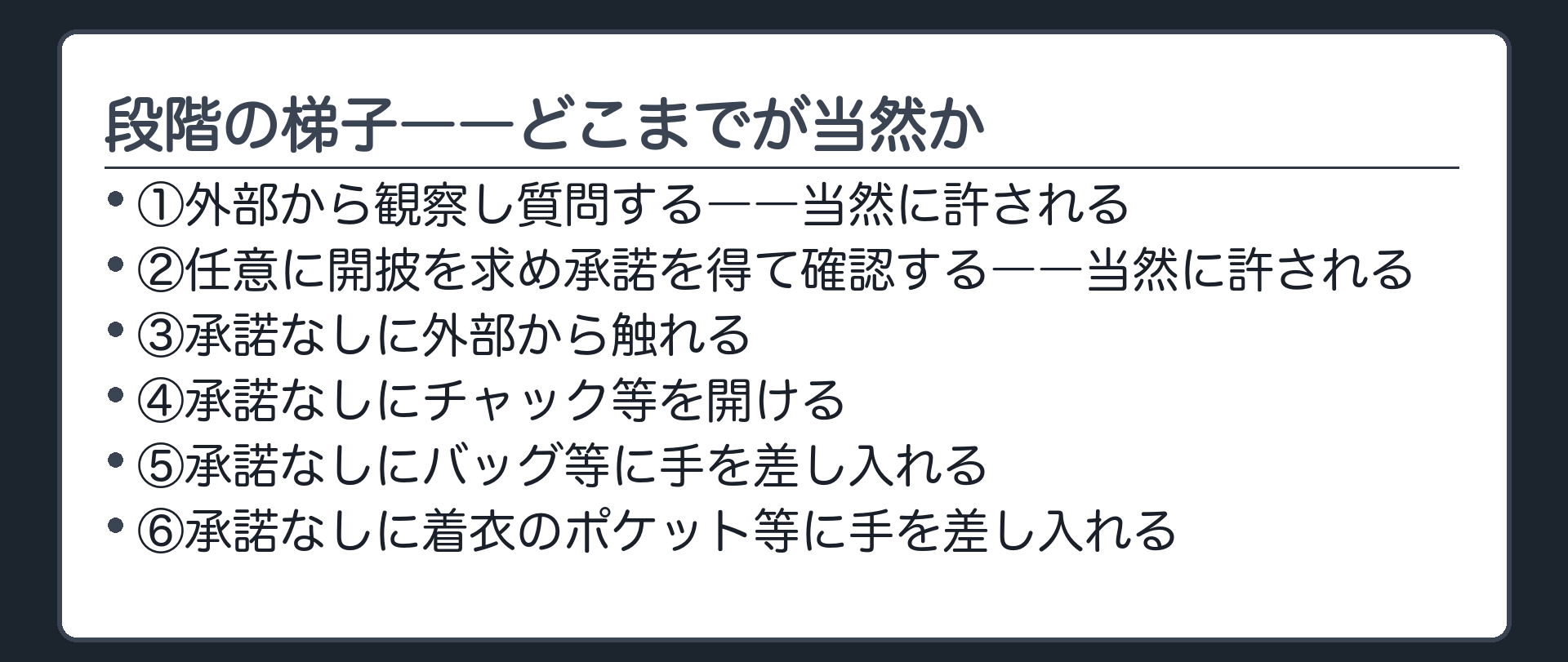 外部観察から着衣のポケットに手を差し入れるまで、所持品検査の強さが6段階で上がっていく梯子を示す板