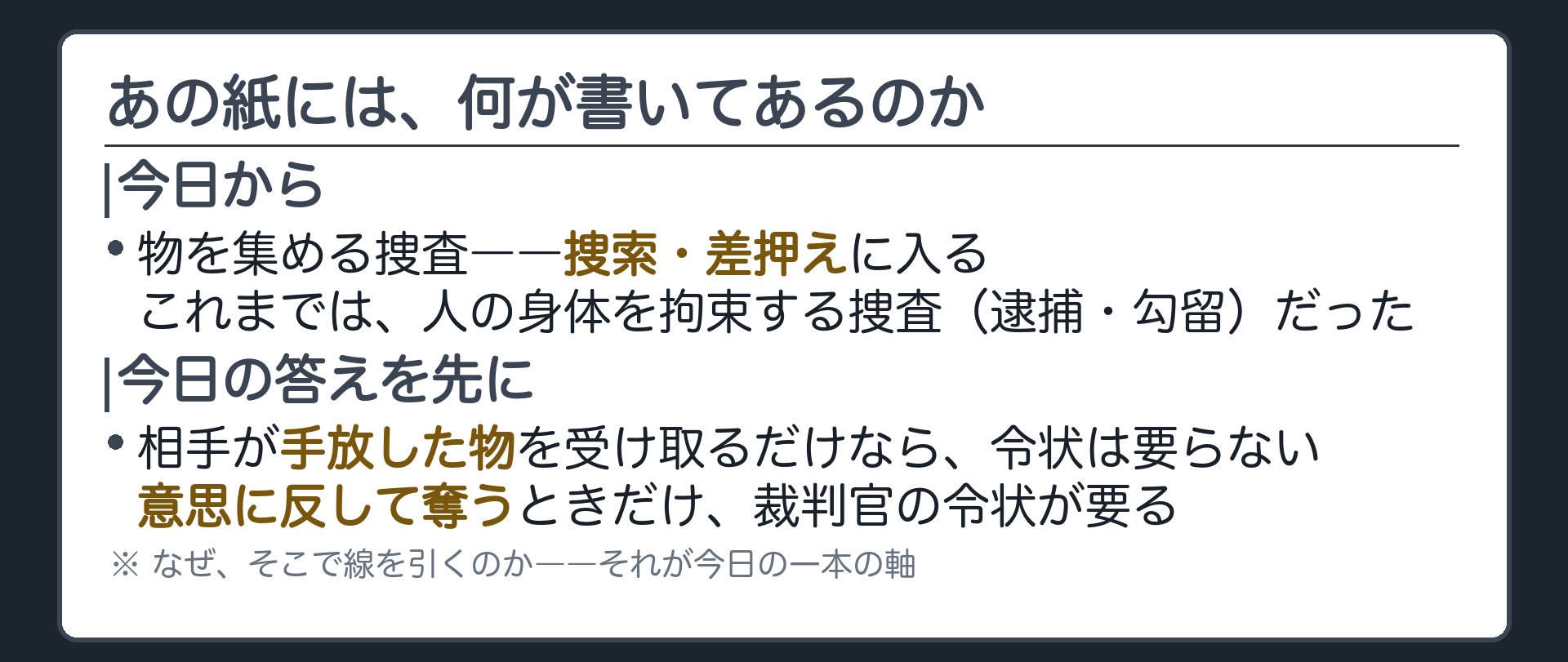 警察官が家の中から段ボール箱を運び出し傍らに紙切れが一枚置かれている様子から始まる導入板