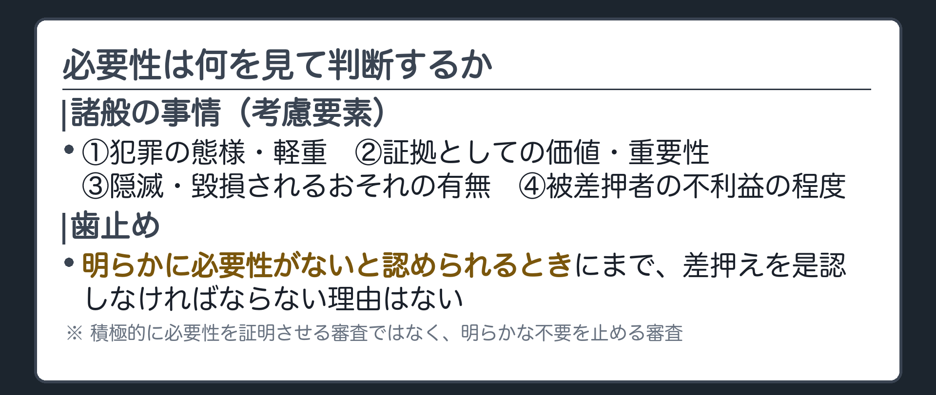 犯罪の態様軽重証拠価値隠滅のおそれ被差押者の不利益という4つの考慮要素を諸般の事情としてまとめ明らかに必要性がないと認められるときにまで差押えを是認しなければならない理由はないという歯止めを示す一覧板