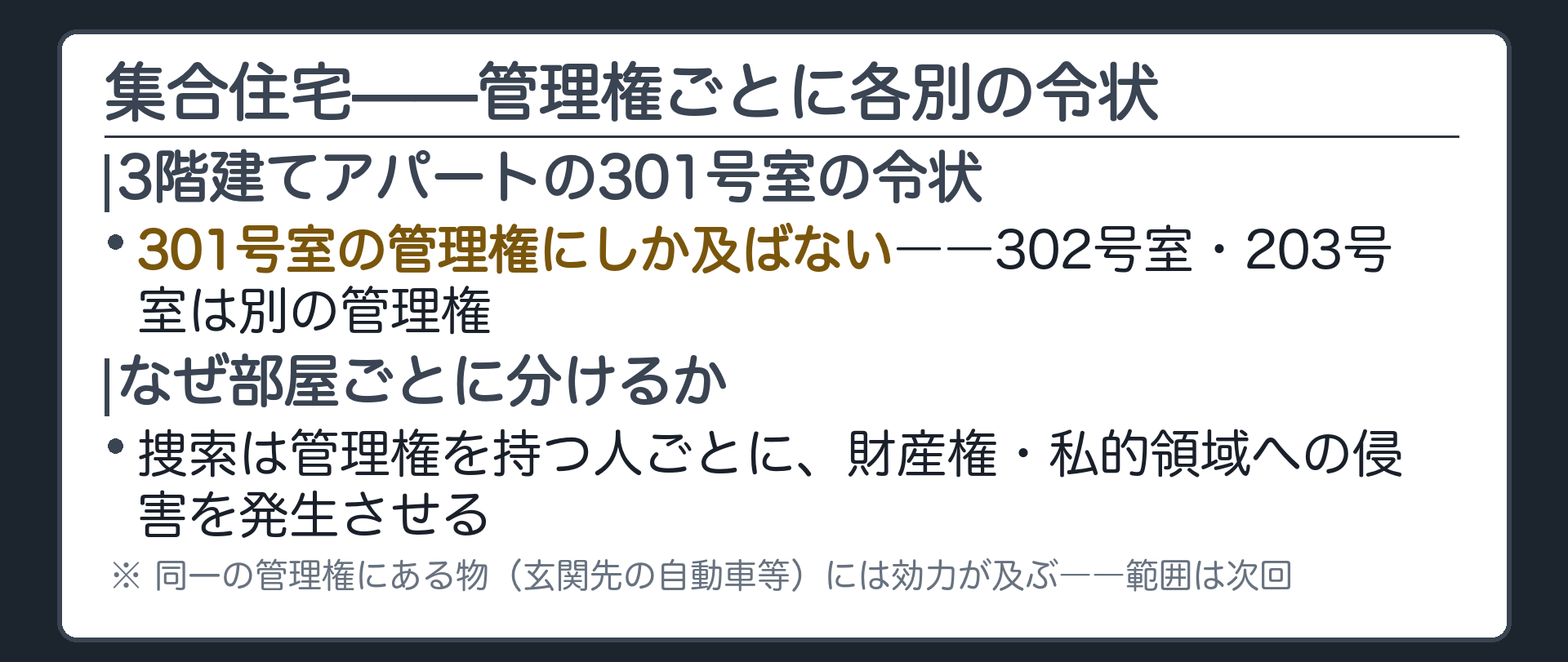 3階建てアパートの301号室の令状の効力が302号室や203号室には及ばず各部屋の管理権ごとに別の令状が要ると示す板