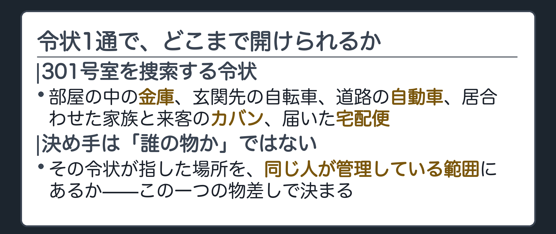 3階建てアパートの301号室の前に立つ捜査員と、部屋の中の金庫・玄関先の自転車・道路の自動車・居合わせた家族と来客・宅配便の荷物を俯瞰で示す導入板