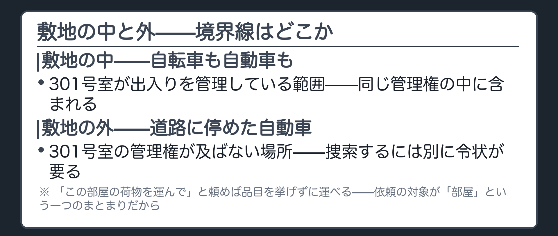 301号室の敷地内にある自転車を「及ぶ」側に敷地外の道路に停めた自動車を「及ばない」側に置き同じアパートの一室の管理権の境界を示す板