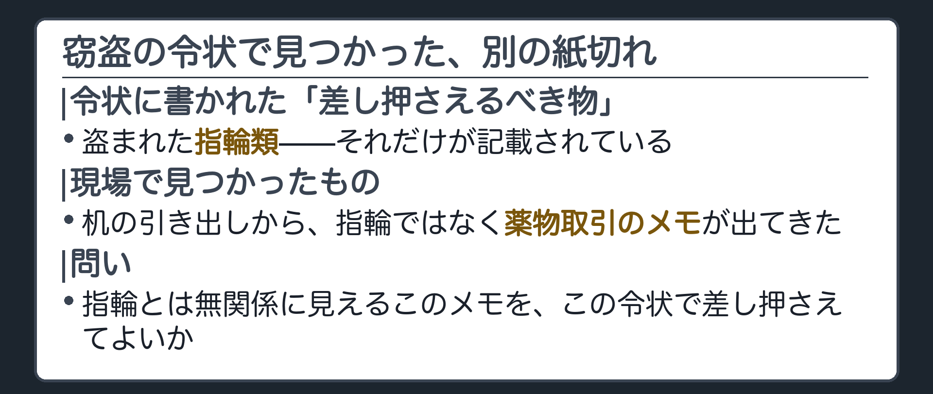 窃盗事件の令状でB方を捜索する場面で指輪とは無関係に見える薬物取引のメモが机の中から出てくる導入板