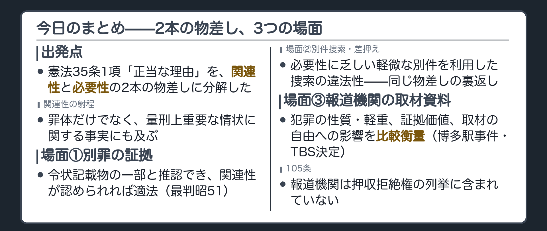 関連性と必要性という2本の物差しに今日の3つの場面をそれぞれ振り分けたまとめ板