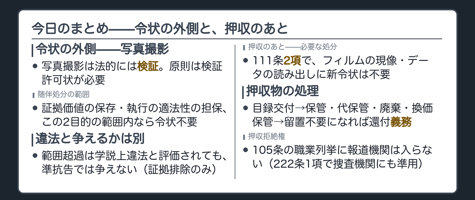 令状の外側の写真撮影と押収のあとの処理・押収拒絶権を1本の線でつないだまとめ板