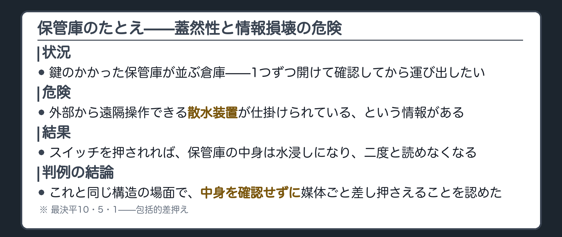 保管庫の扉を1つずつ開けて確かめる間に散水装置のスイッチが押される危険を示す板