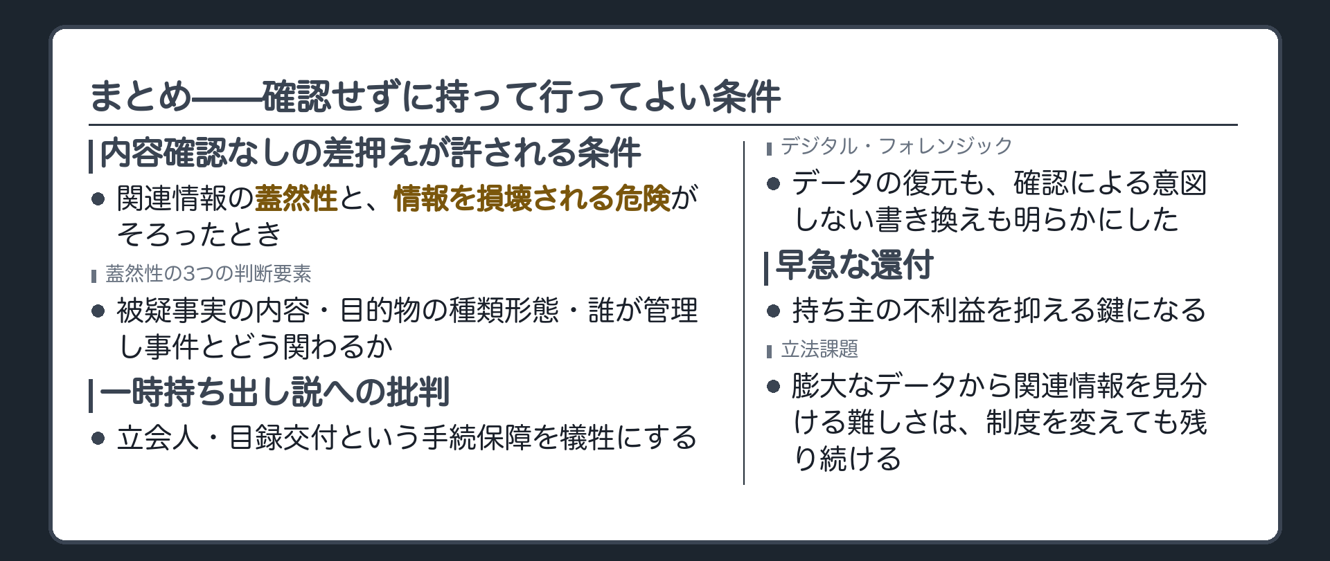 今日の地図（保存版）＝内容確認なしの差押えの条件と批判を1枚にまとめた板