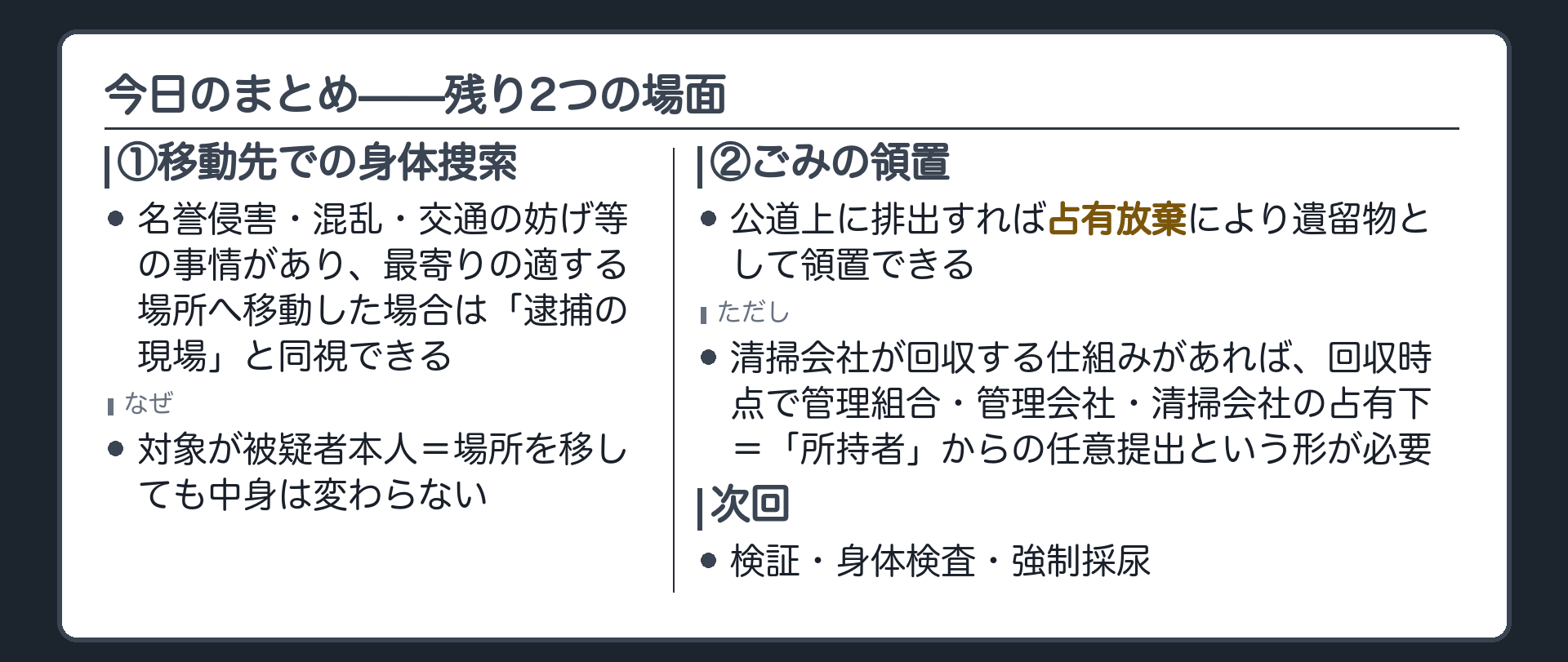 移動先での身体捜索と2種類のごみの領置を1枚にまとめた保存版の地図板
