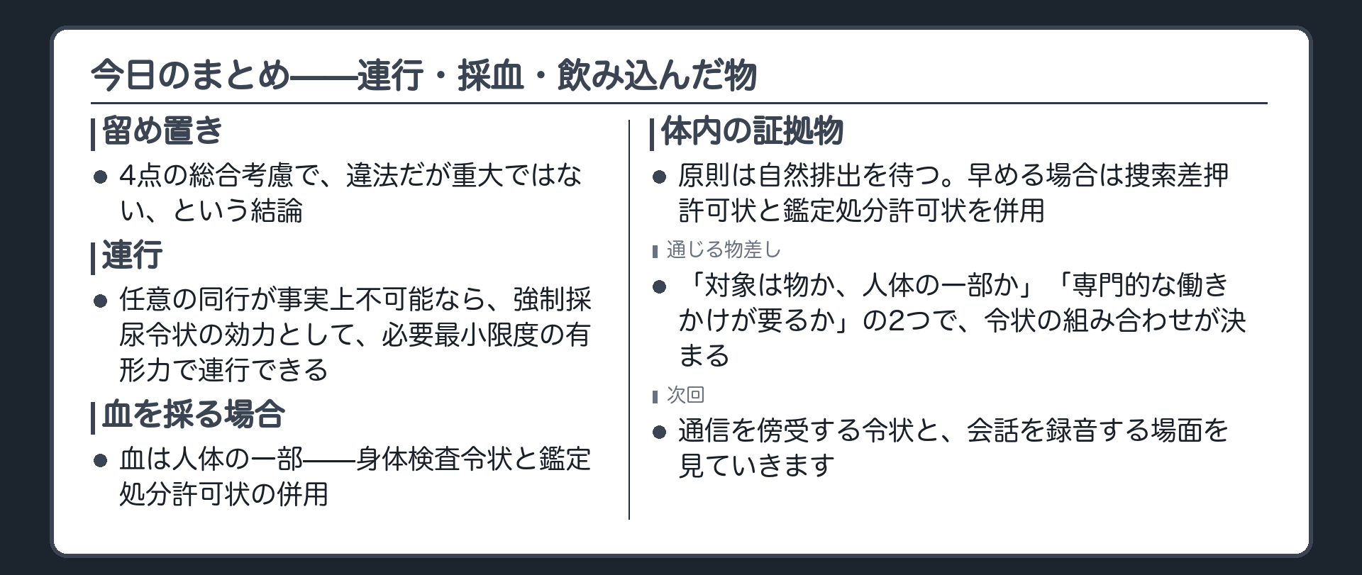 尿・血・飲み込んだ物の3場面で対象の性質と実施者と令状とその理由を1枚に並べた保存版の板