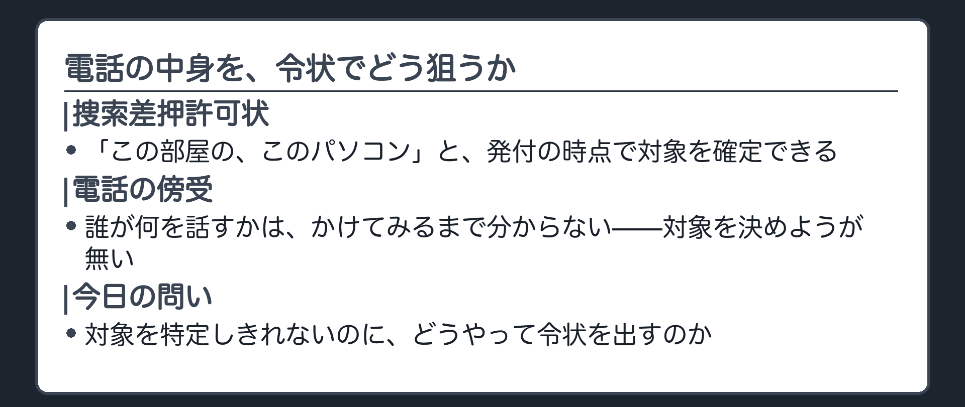 捜索差押許可状は対象の部屋と物を決められるが電話はこれから何を話すか分からないという対比を示す導入板